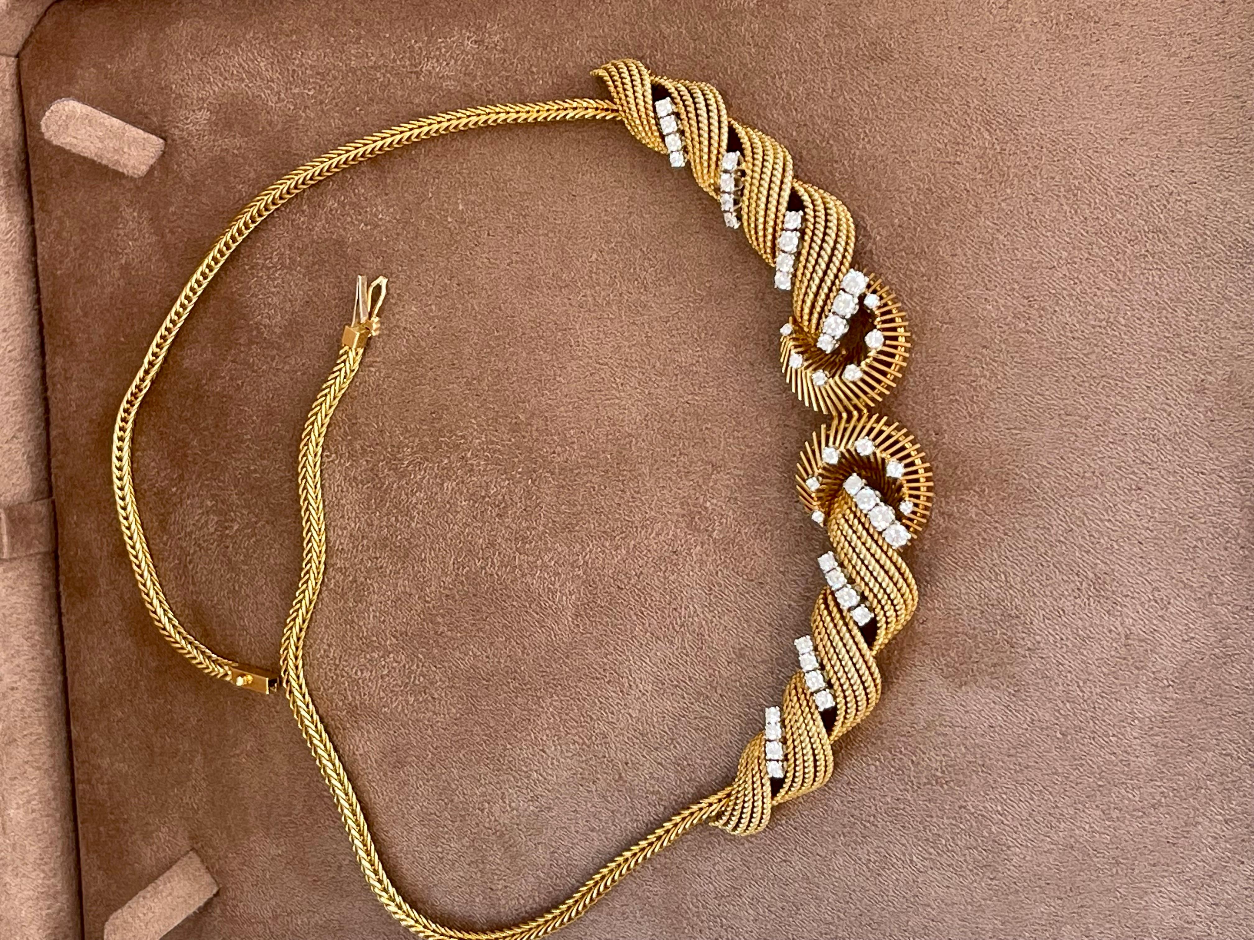 Vintage 1950s 18 K Yellow Gold Twist Wire Diamond Necklace Bucherer Switzerland For Sale 2