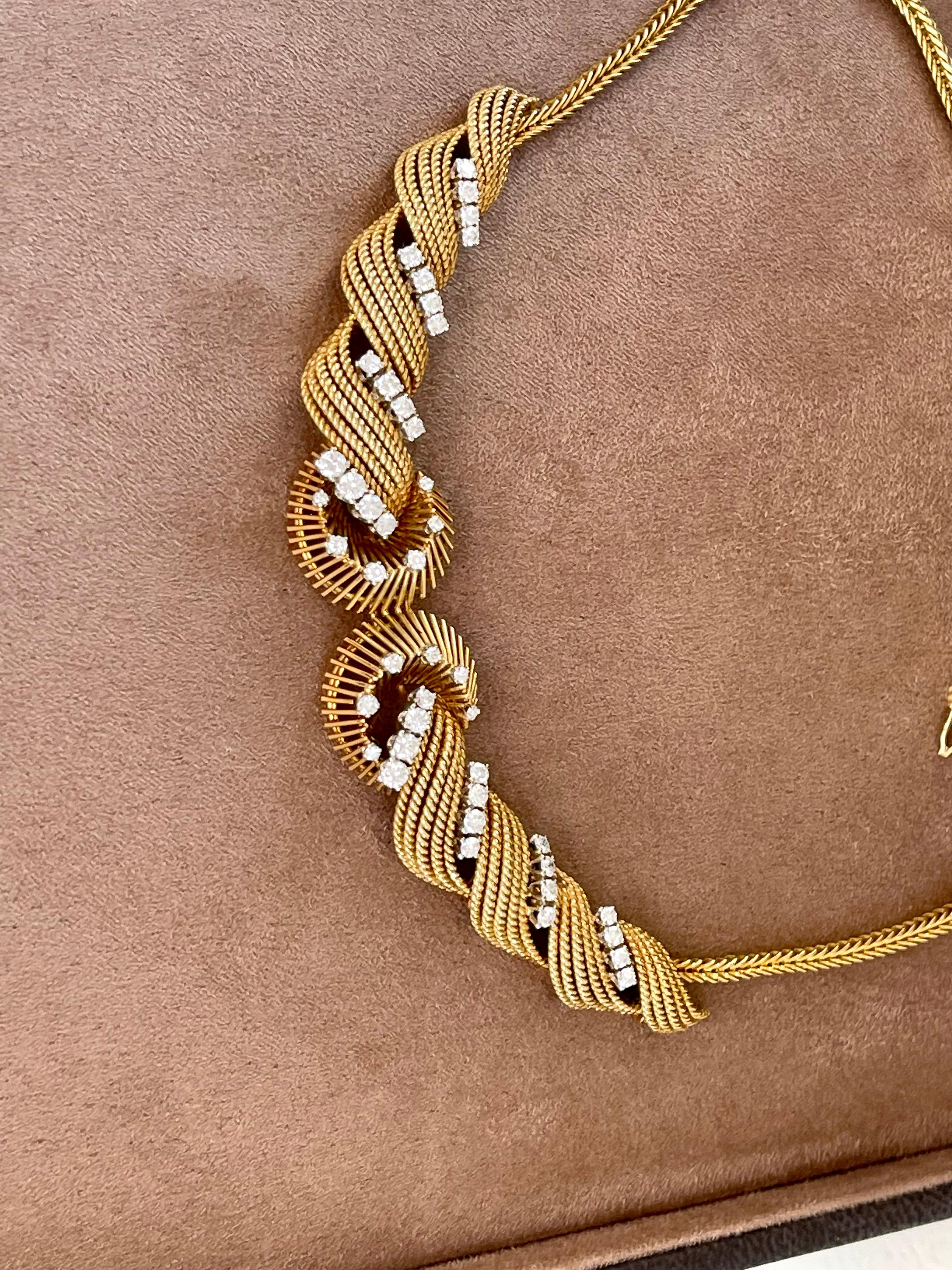 Vintage 1950s 18 K Yellow Gold Twist Wire Diamond Necklace Bucherer Switzerland For Sale 3