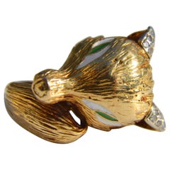 Vintage 1950s 18 Karat Gold Diamond Enamel Large Fox Cocktail Ring