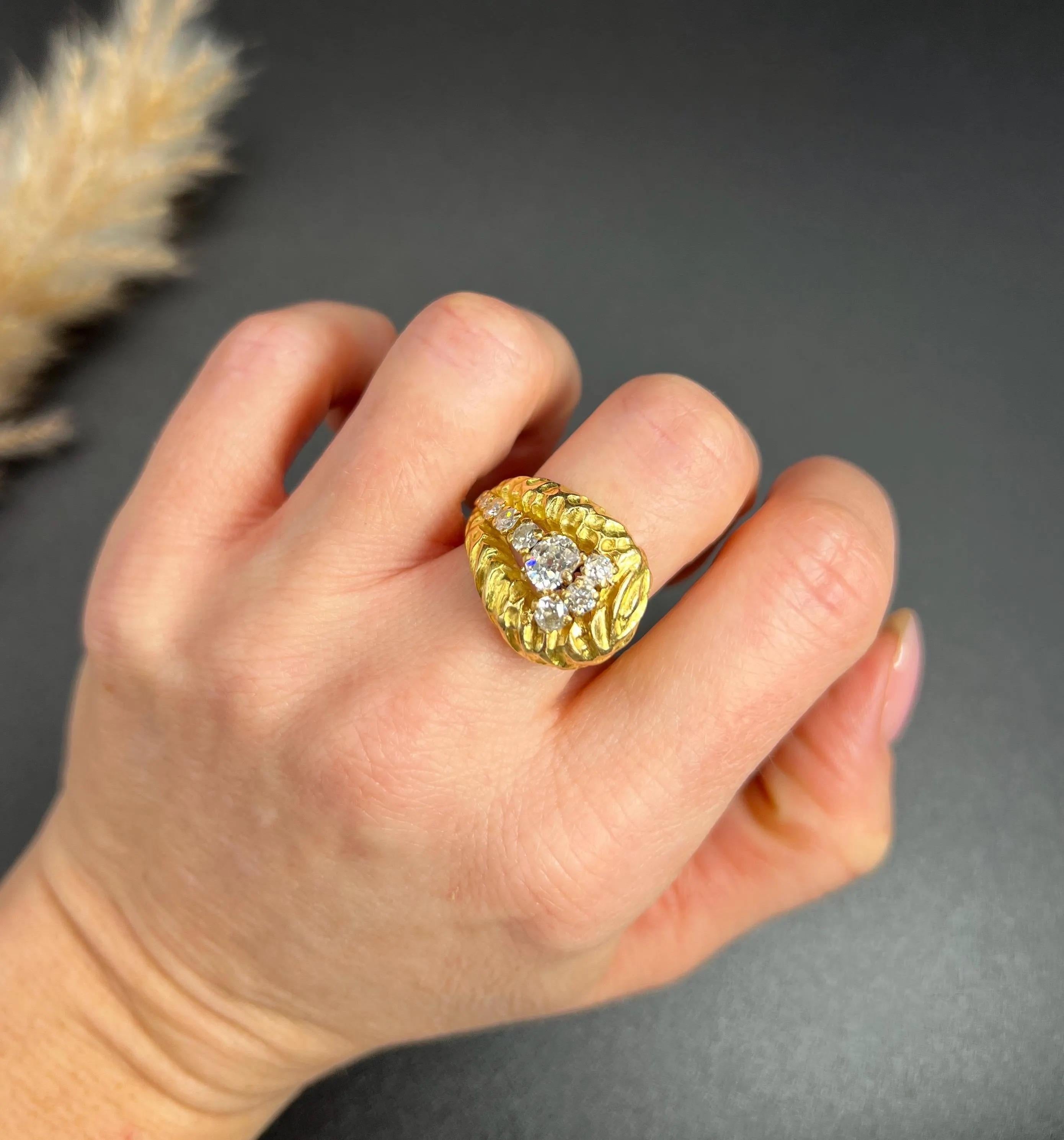 Old European Cut Vintage 1950s 18ct Yellow Gold French Hallmarked, Diamond Buckle Ring For Sale