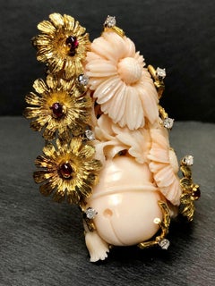 Vintage 1950’s 18K Floral Carved Coral Diamond Ruby Brooch