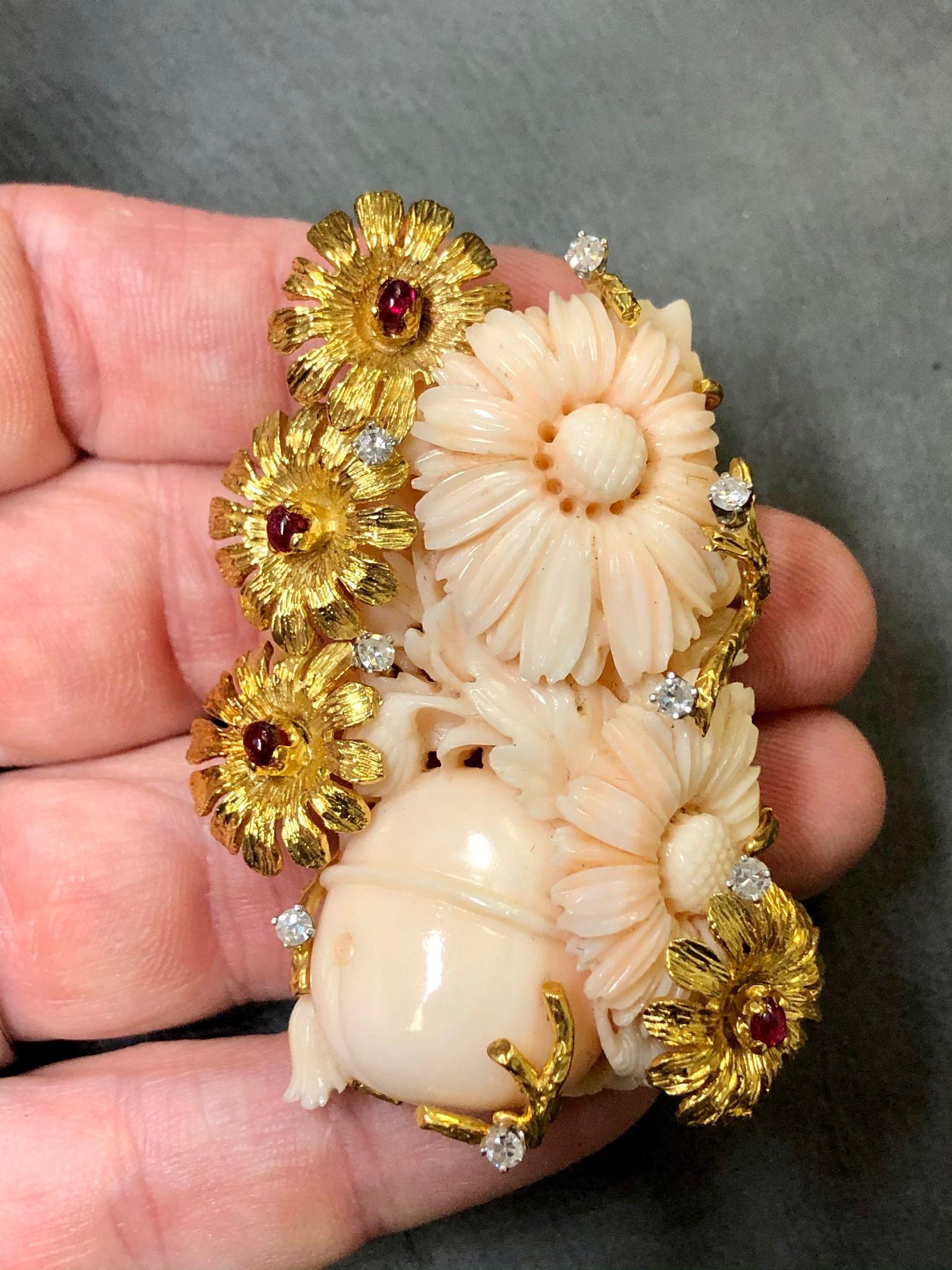 Vintage 1950’s 18K Floral Carved Coral Diamond Ruby Brooch In Good Condition For Sale In Winter Springs, FL