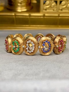 Vintage 1950's 18k Diamond Ruby Saphire & Emerald Oval Link Italian Bracelet 7”