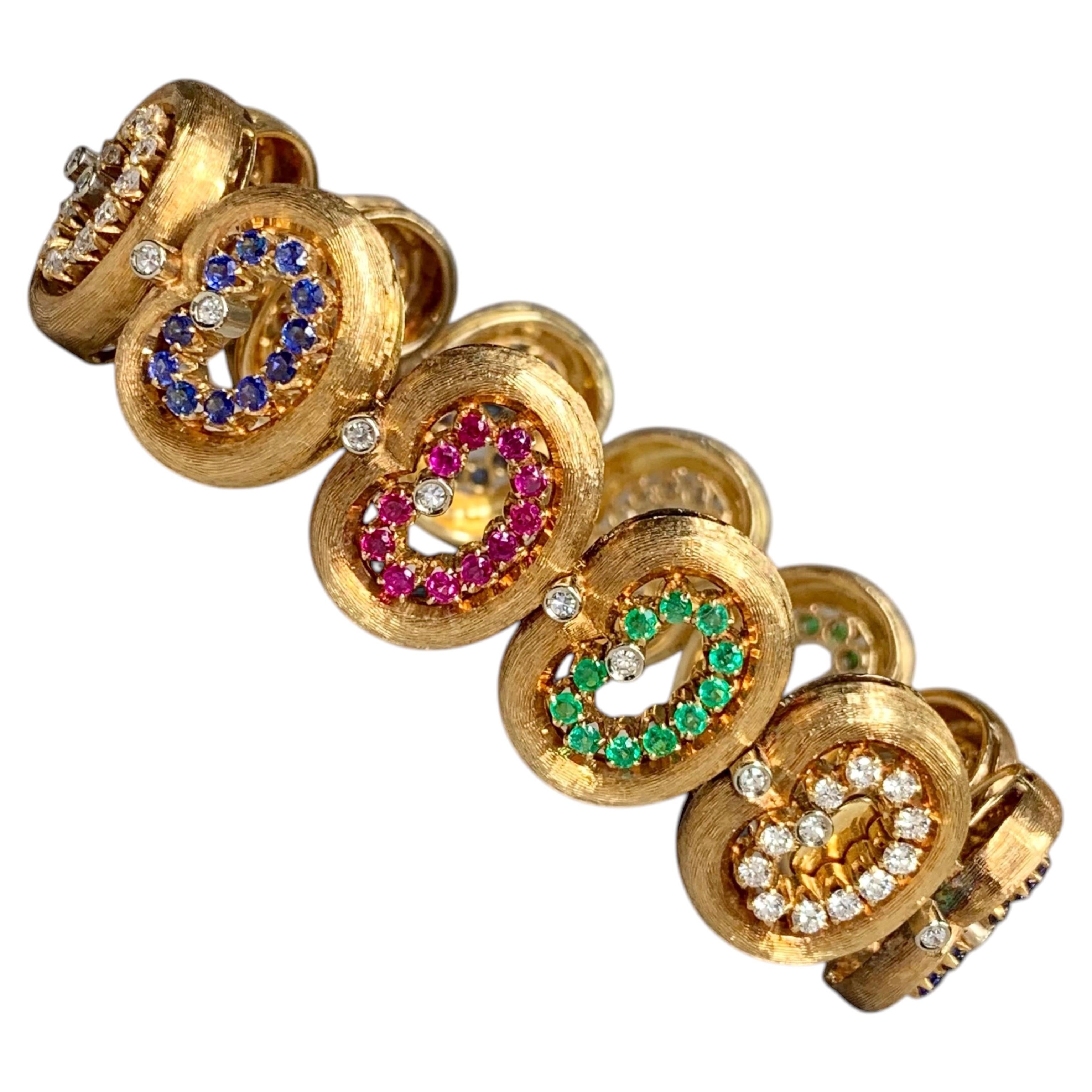 Vintage 1950's 18k Diamond Ruby Saphire & Emerald Oval Link Italian Bracelet 7”