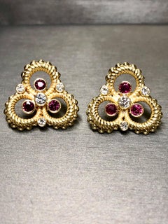 Vintage 1950’s 18K Ruby Diamond Beaded Rope Large Clover Earrings 2.90cttw F Vs