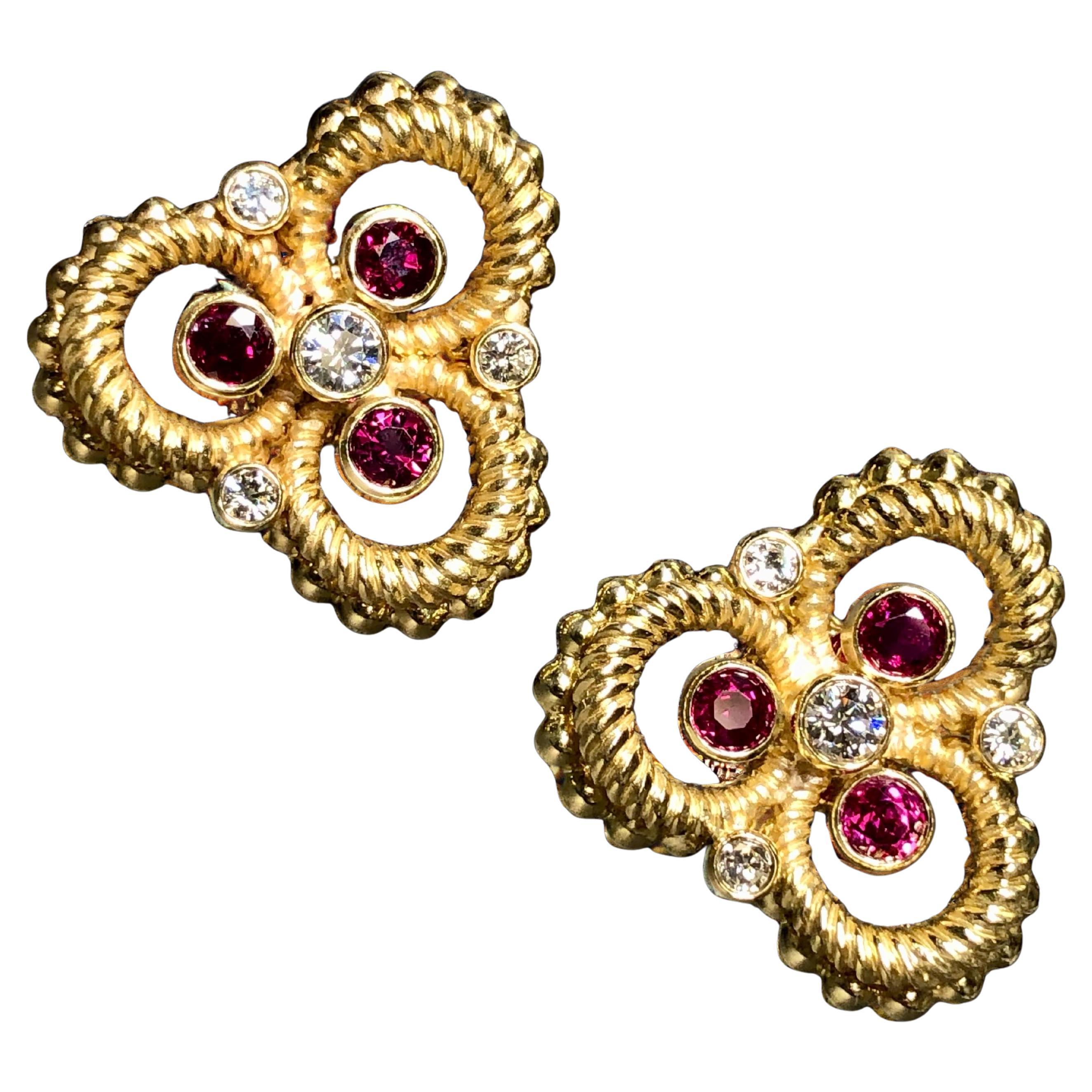 Vintage 1950's 18K Ruby Diamond Beaded Rope Large Clover Earrings 2.90cttw F Vs