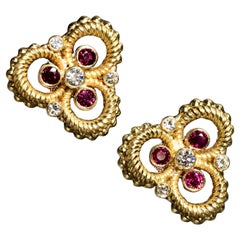 Vintage 1950's 18K Ruby Diamond Beaded Rope Large Clover Ohrringe 2,90cttw F Vs