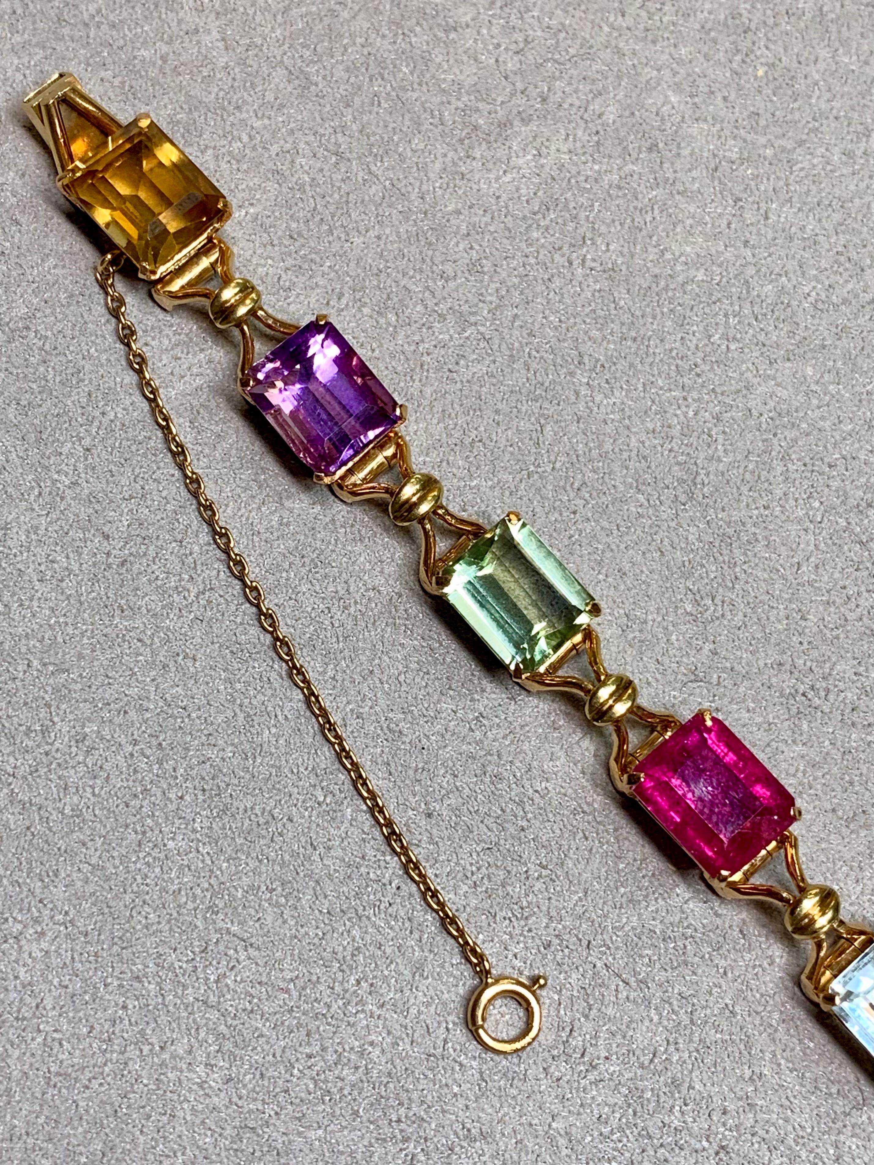 Rétro Bracciale vintage anni '50 in 18 carati con tormalina, acquamarina, ametista e pietre preziose 40ctw in vendita