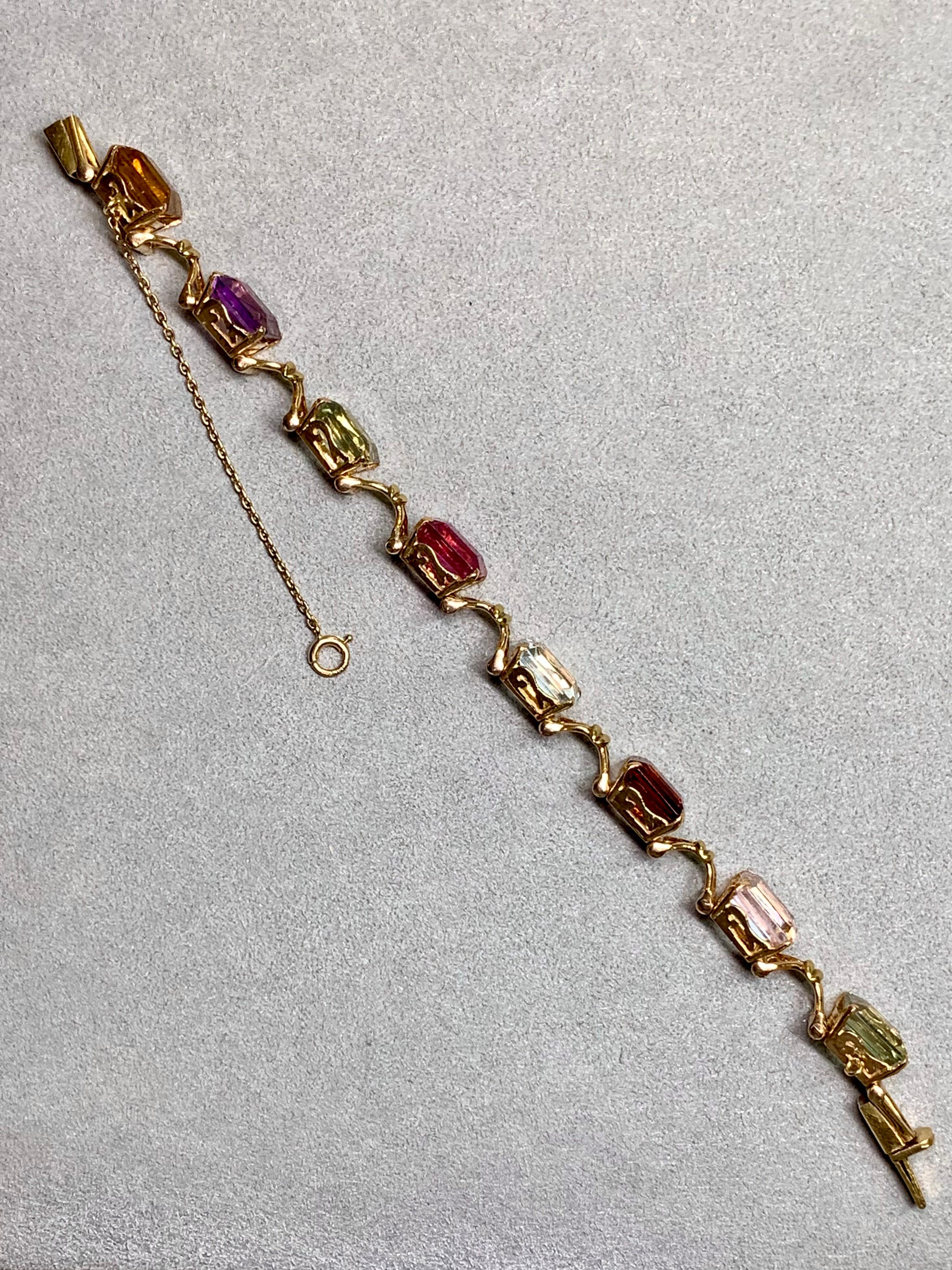 Bracciale vintage anni '50 in 18 carati con tormalina, acquamarina, ametista e pietre preziose 40ctw In condizioni buone in vendita a Winter Springs, FL