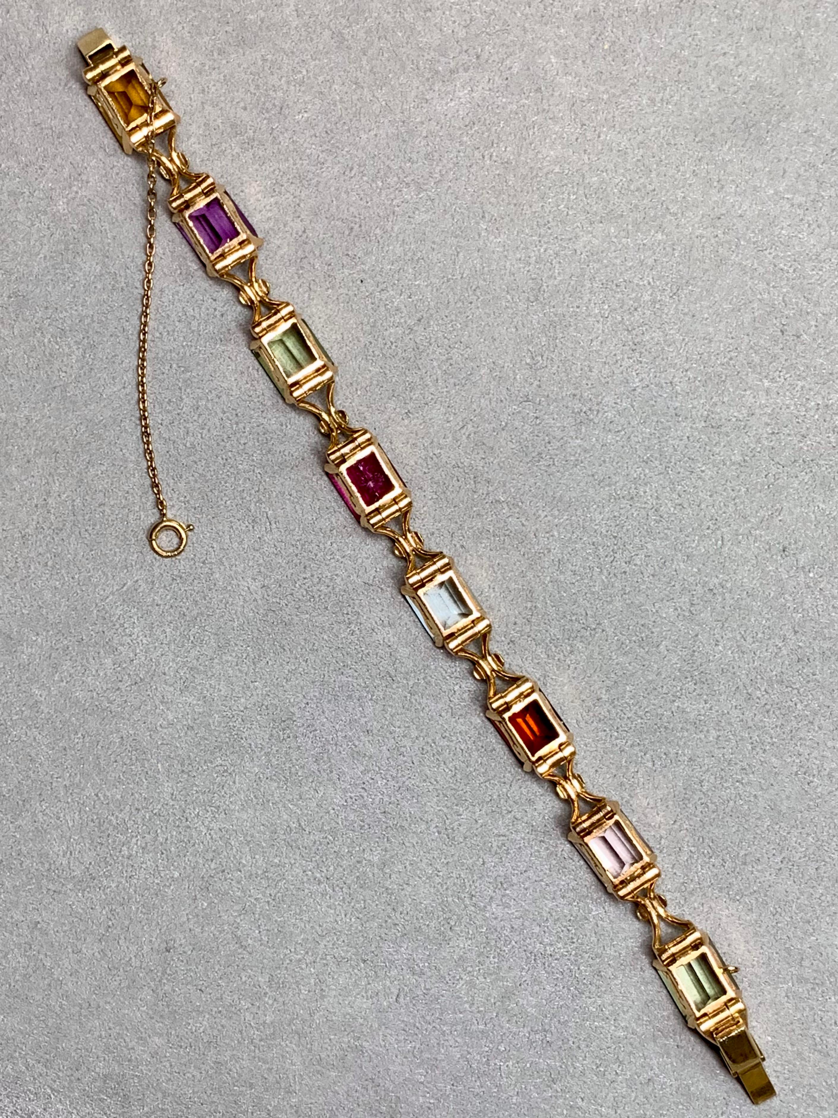 da uomo o donna Bracciale vintage anni '50 in 18 carati con tormalina, acquamarina, ametista e pietre preziose 40ctw in vendita