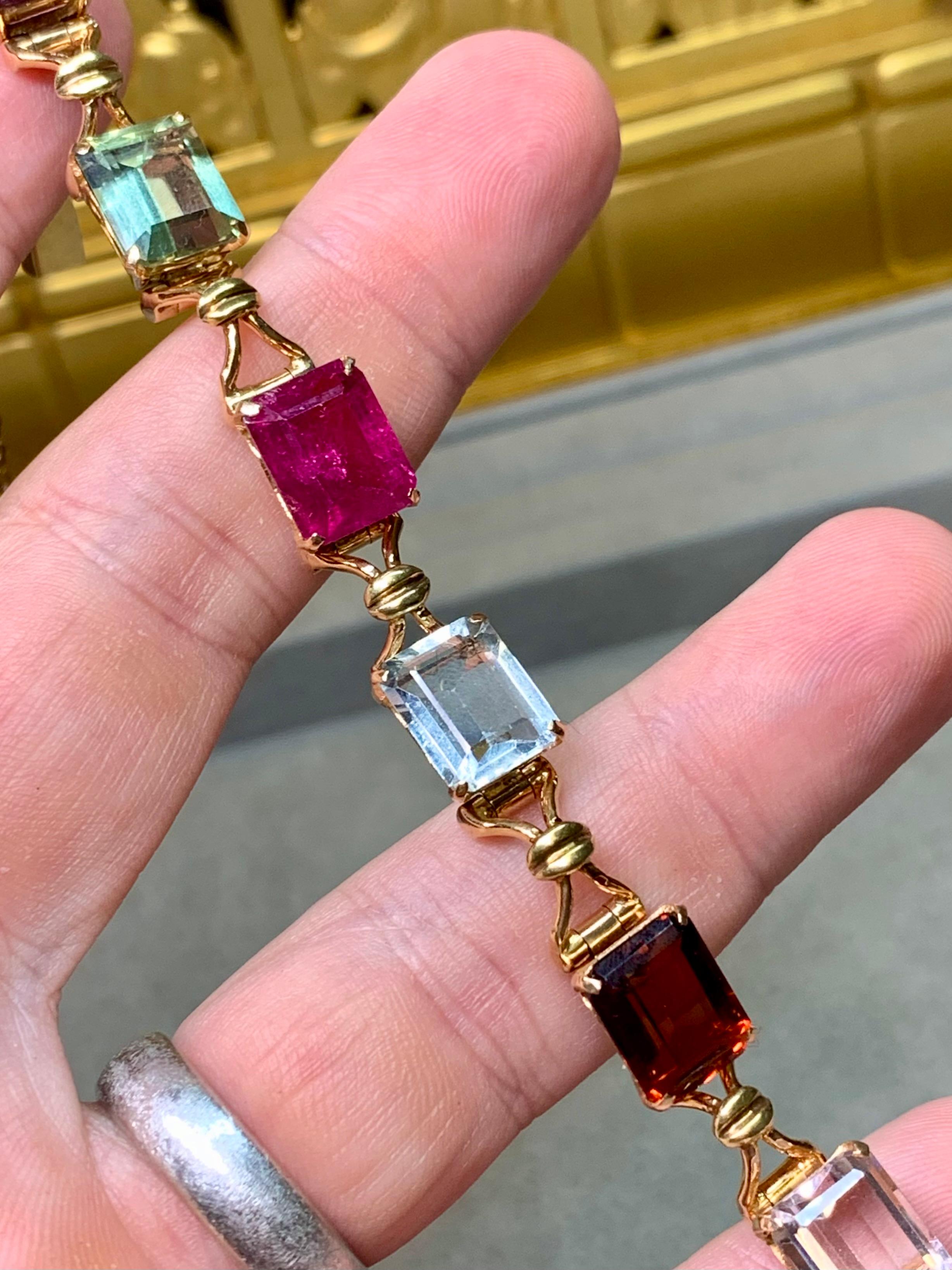 Bracciale vintage anni '50 in 18 carati con tormalina, acquamarina, ametista e pietre preziose 40ctw in vendita 1