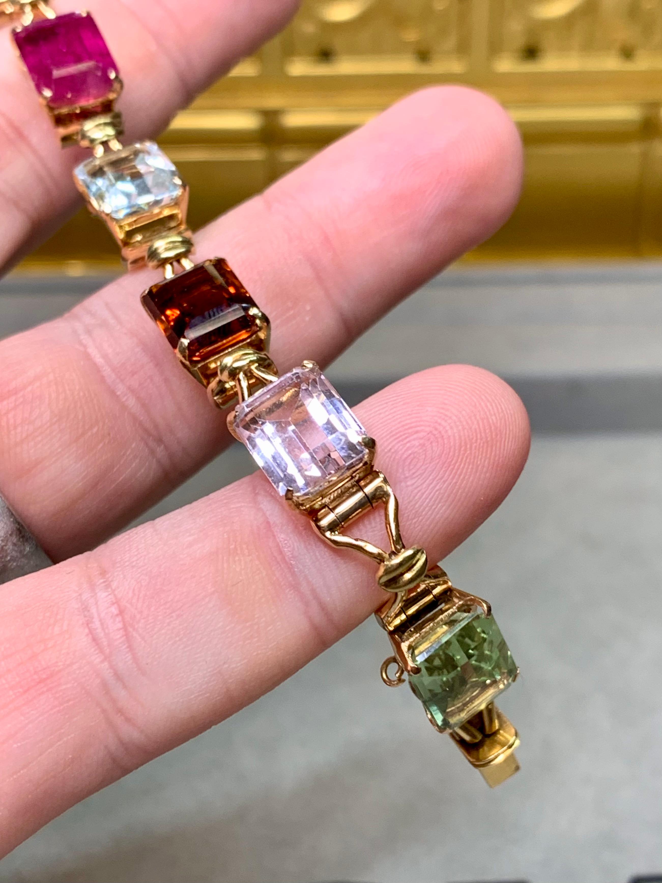 Bracciale vintage anni '50 in 18 carati con tormalina, acquamarina, ametista e pietre preziose 40ctw in vendita 3