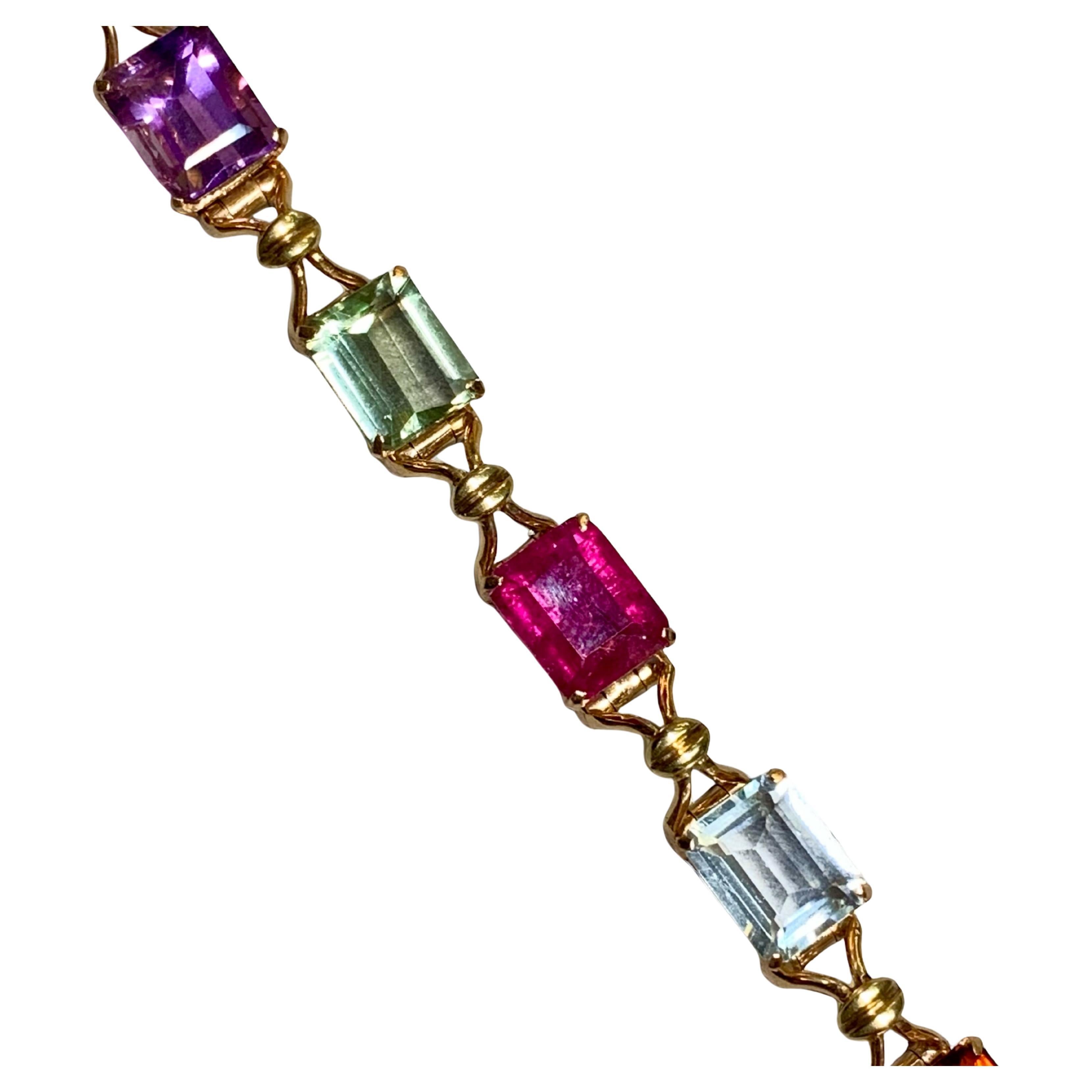 Bracciale vintage anni '50 in 18 carati con tormalina, acquamarina, ametista e pietre preziose 40ctw in vendita