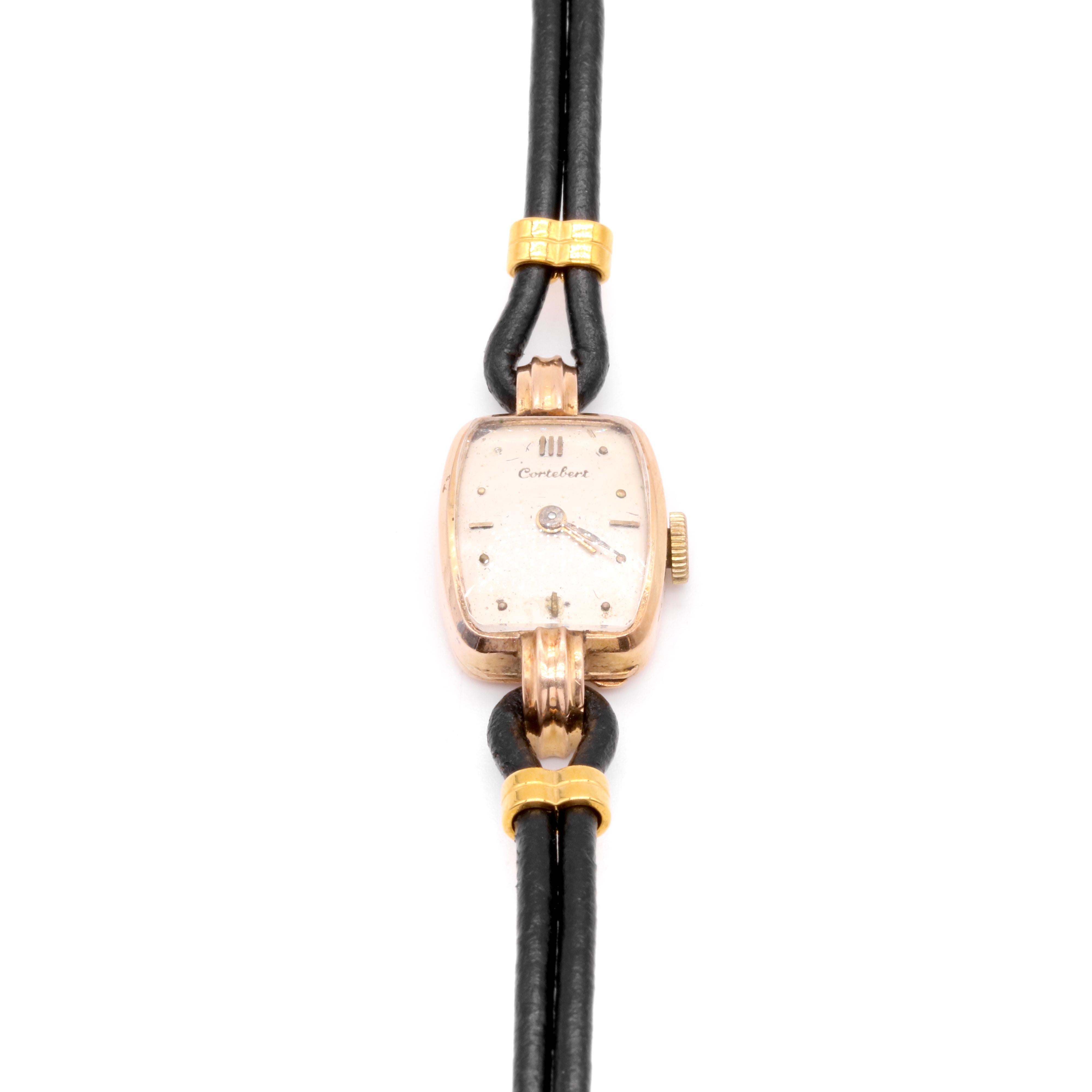 Reloj suizo Cortebert Vintage de los años 50 de oro amarillo de 18 quilates con correa de piel negra en Bueno estado para la venta en Staines-Upon-Thames, GB