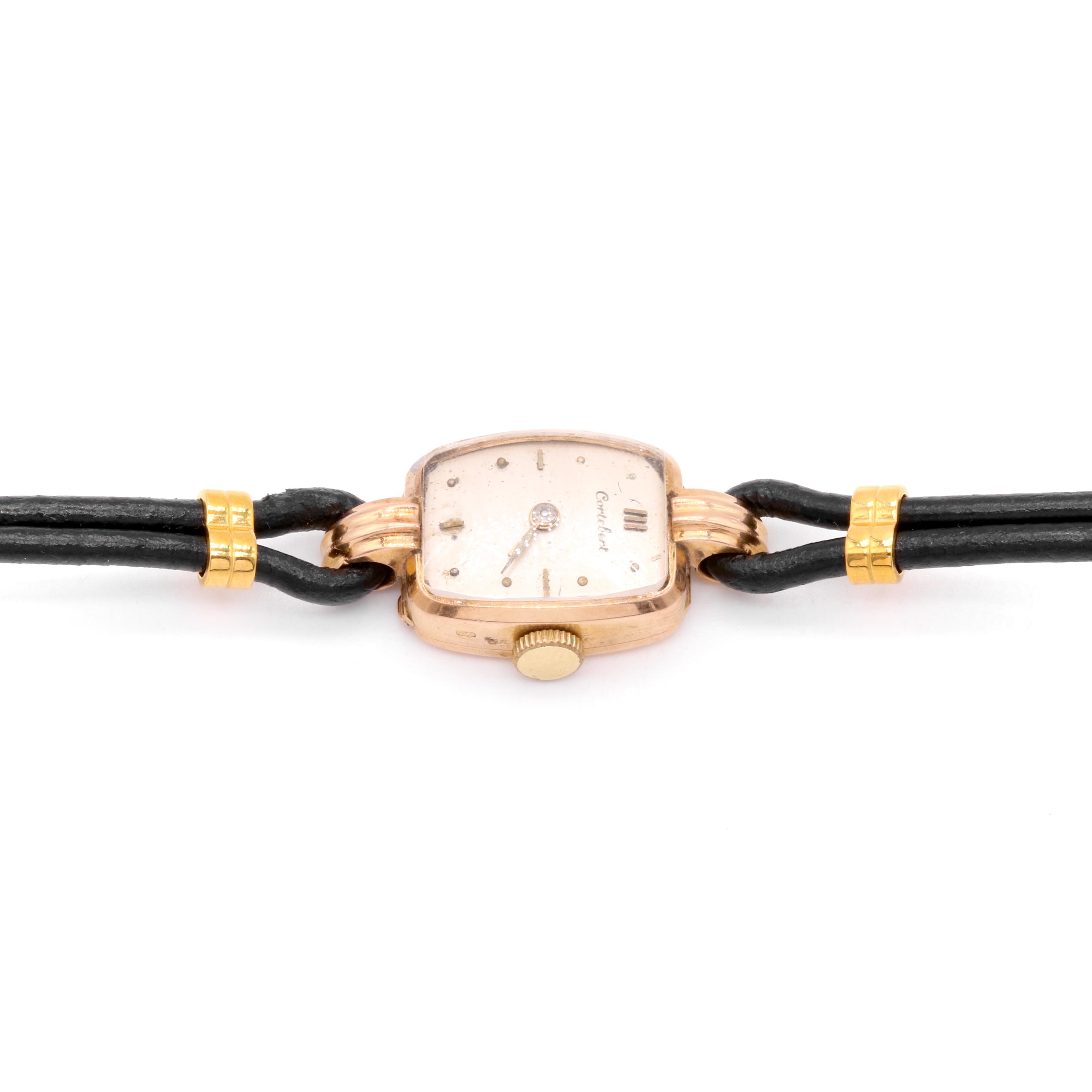 Reloj suizo Cortebert Vintage de los años 50 de oro amarillo de 18 quilates con correa de piel negra en venta 1