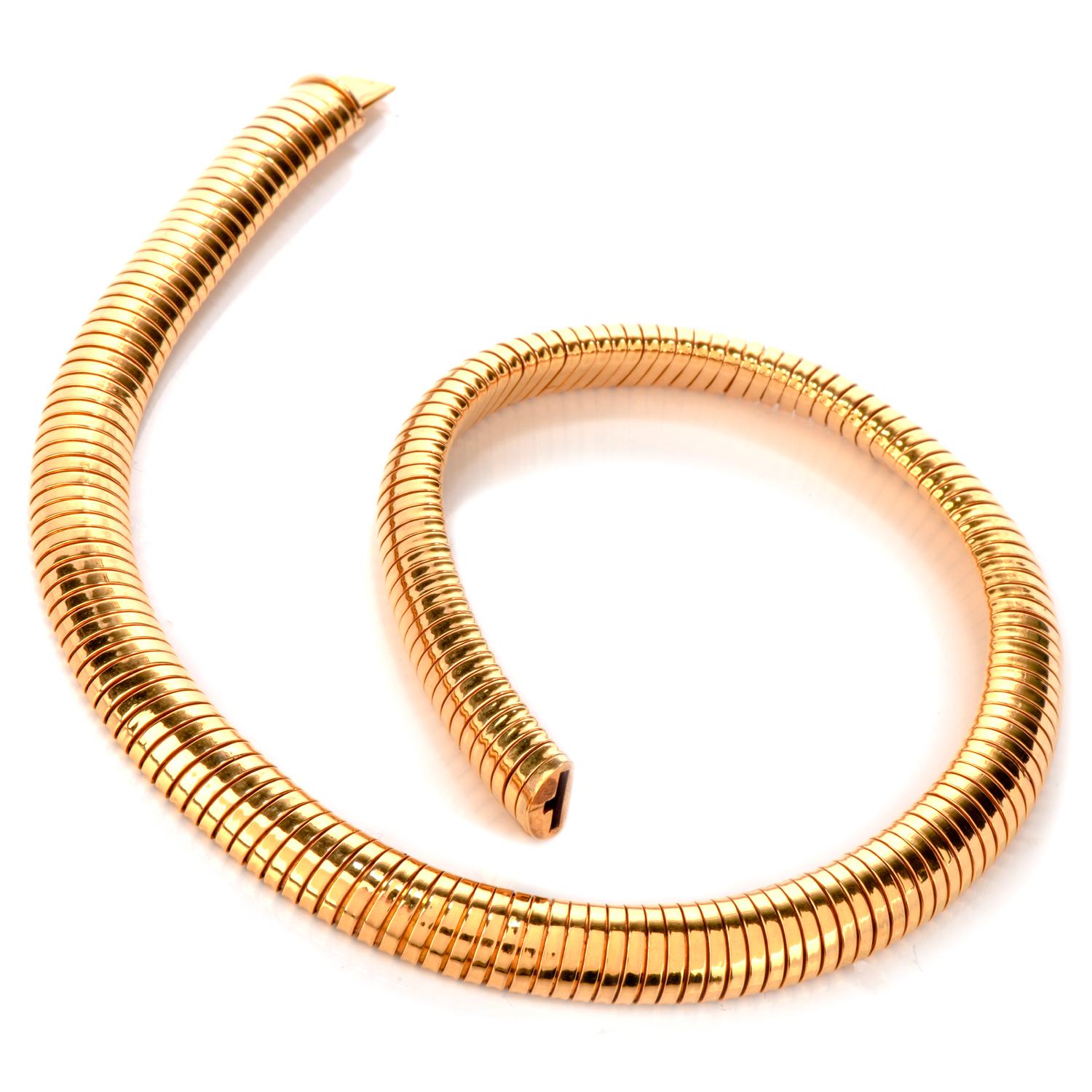 Be strikingly beautiful with Vintage 1950's retro 18K Yellow Gold Flexible Collar Necklace! 

This stetchable and comfortable 16” long and 10mm wide necklace is made from 18 karat yellow gold.  Weighing in at 56.8 Grams and with an insert clasp with
