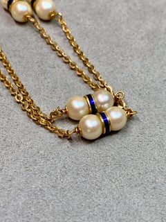 Vintage 1950’s 18K Yellow Gold Pearl & Blue Enamel Matinee Chain Necklace 23.5”