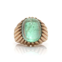 Vintage 1950s 18KT Gold Ribbed Mount Cabochon Emerald Ring, 5.50 cts