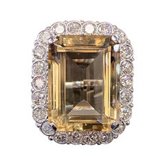 Vintage 1950s/1960s Emerald Citrine Quartz Old Diamond Cocktail Ring Platinum