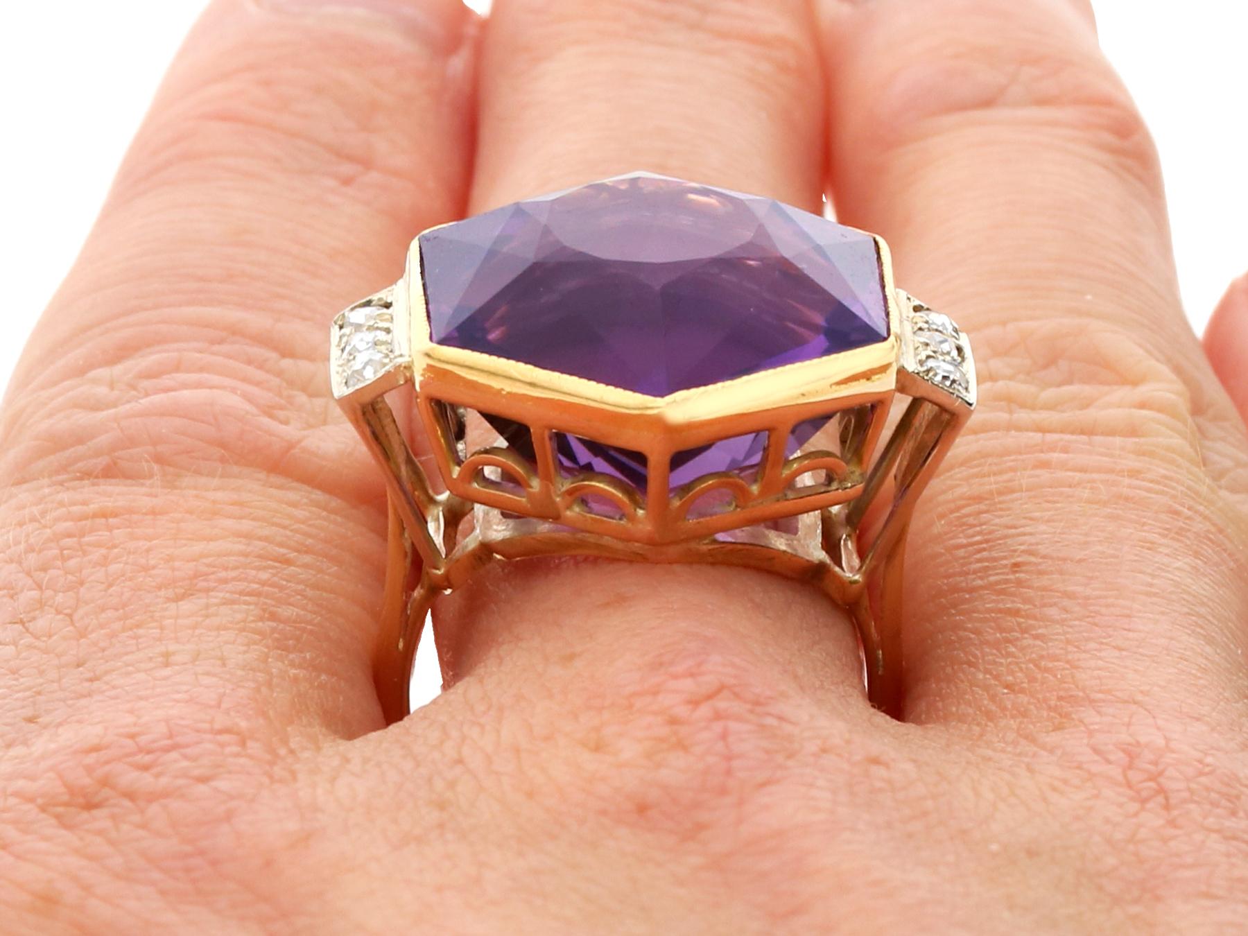Vintage 1950s 19.84ct Amethyst and 0.24ct Diamond, 9k Yellow Gold Dress Ring For Sale 5