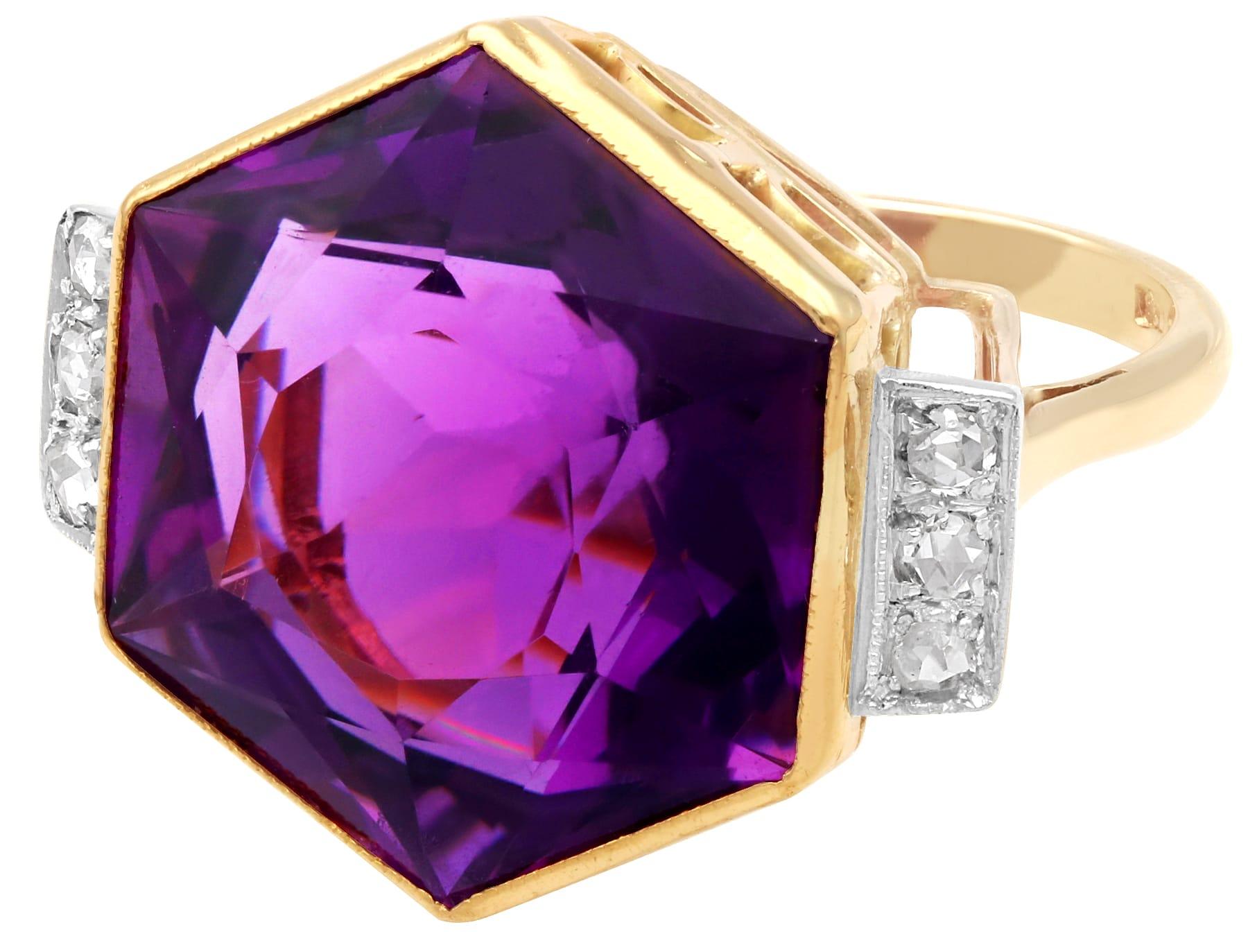 Hexagon Cut Vintage 1950s 19.84ct Amethyst and 0.24ct Diamond, 9k Yellow Gold Dress Ring For Sale