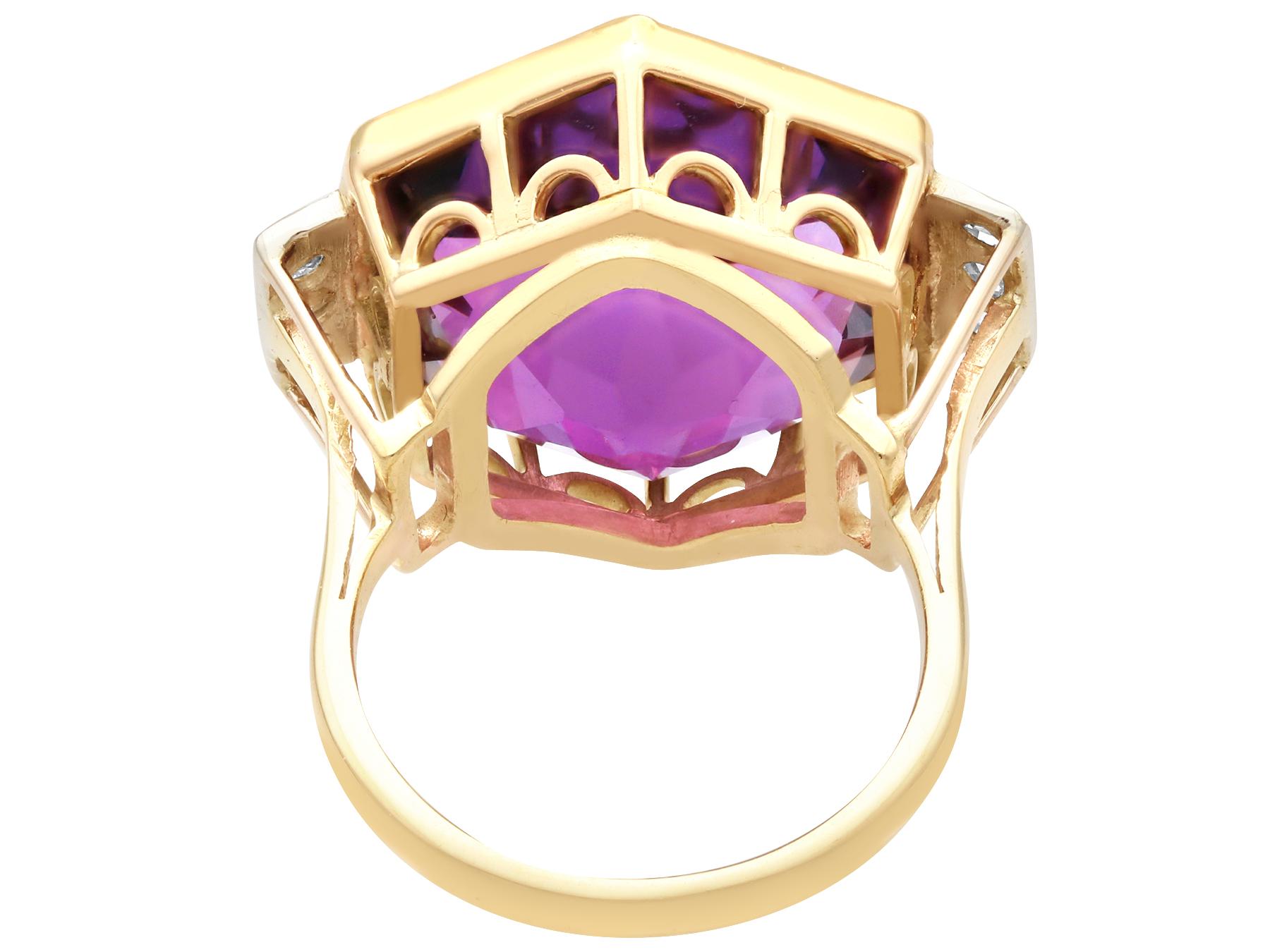 Vintage 1950s 19.84ct Amethyst and 0.24ct Diamond, 9k Yellow Gold Dress Ring In Excellent Condition For Sale In Jesmond, Newcastle Upon Tyne