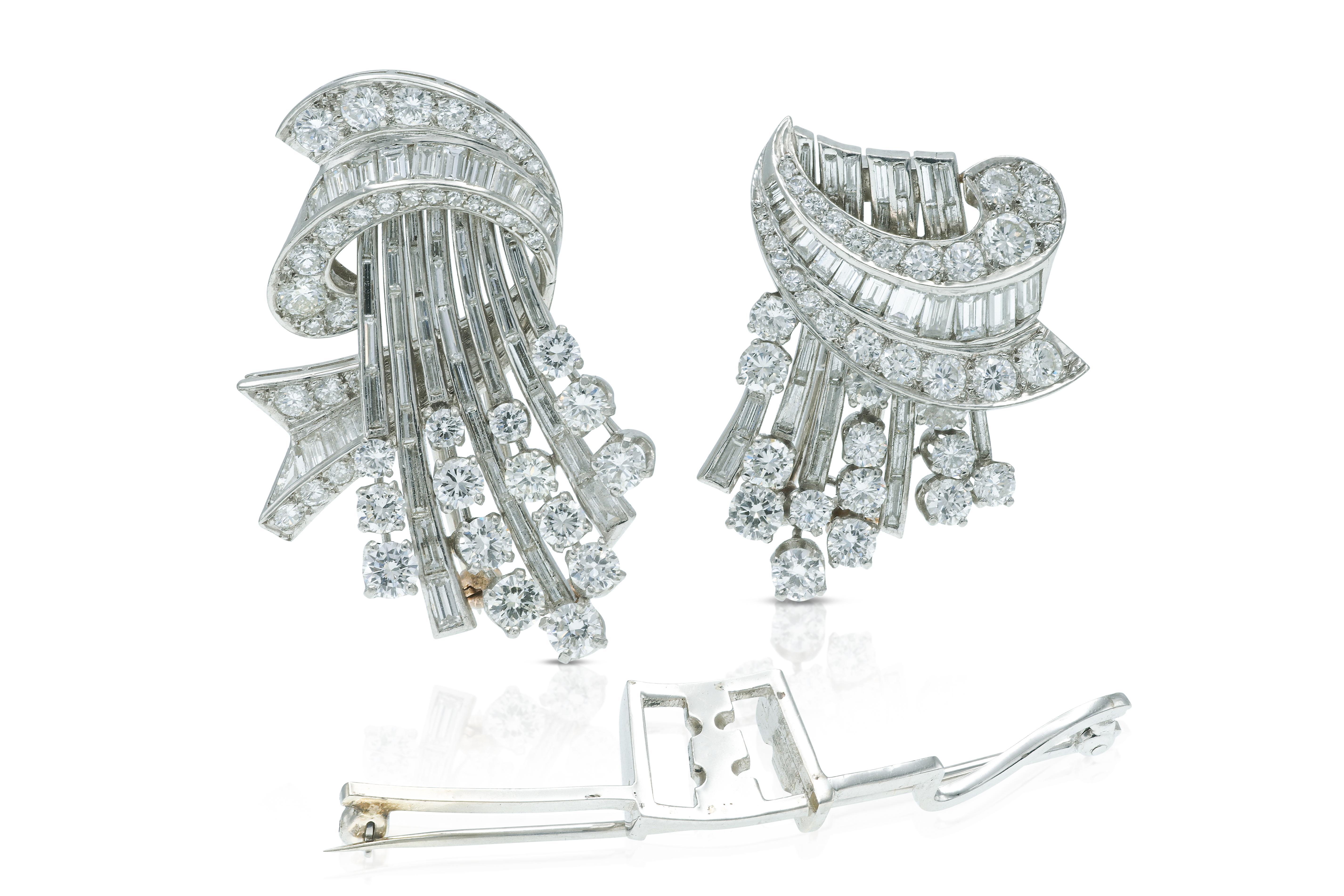 De las mujeres Broche con doble clip de diamantes vintage de los años 50 de 20,00 quilates en venta