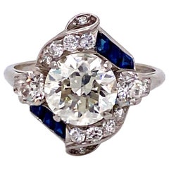 Vintage 1950s 2.10 Carat Round Diamond Ring with Sapphires and Diamonds