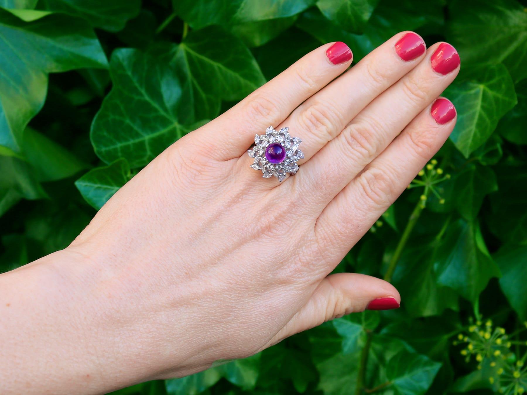 A stunning vintage 2.15 carat amethyst and 2.13 carat diamond, 18 karat white gold dress ring; part of our diverse vintage jewelry and estate jewelry collections.

This stunning vintage amethyst and diamond ring has been crafted in 18k white gold