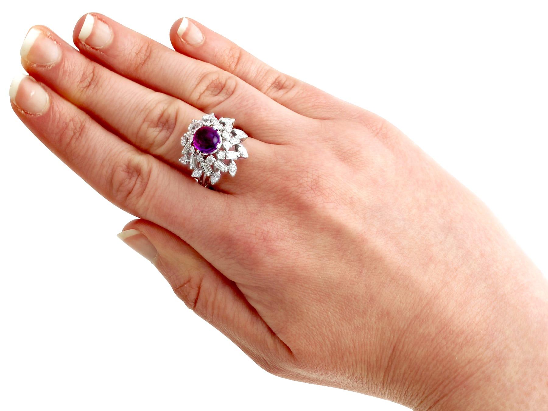 Cabochon Vintage 1950s 2.15 Carat Amethyst 2.13 Carat Diamond White Gold Cocktail Ring For Sale