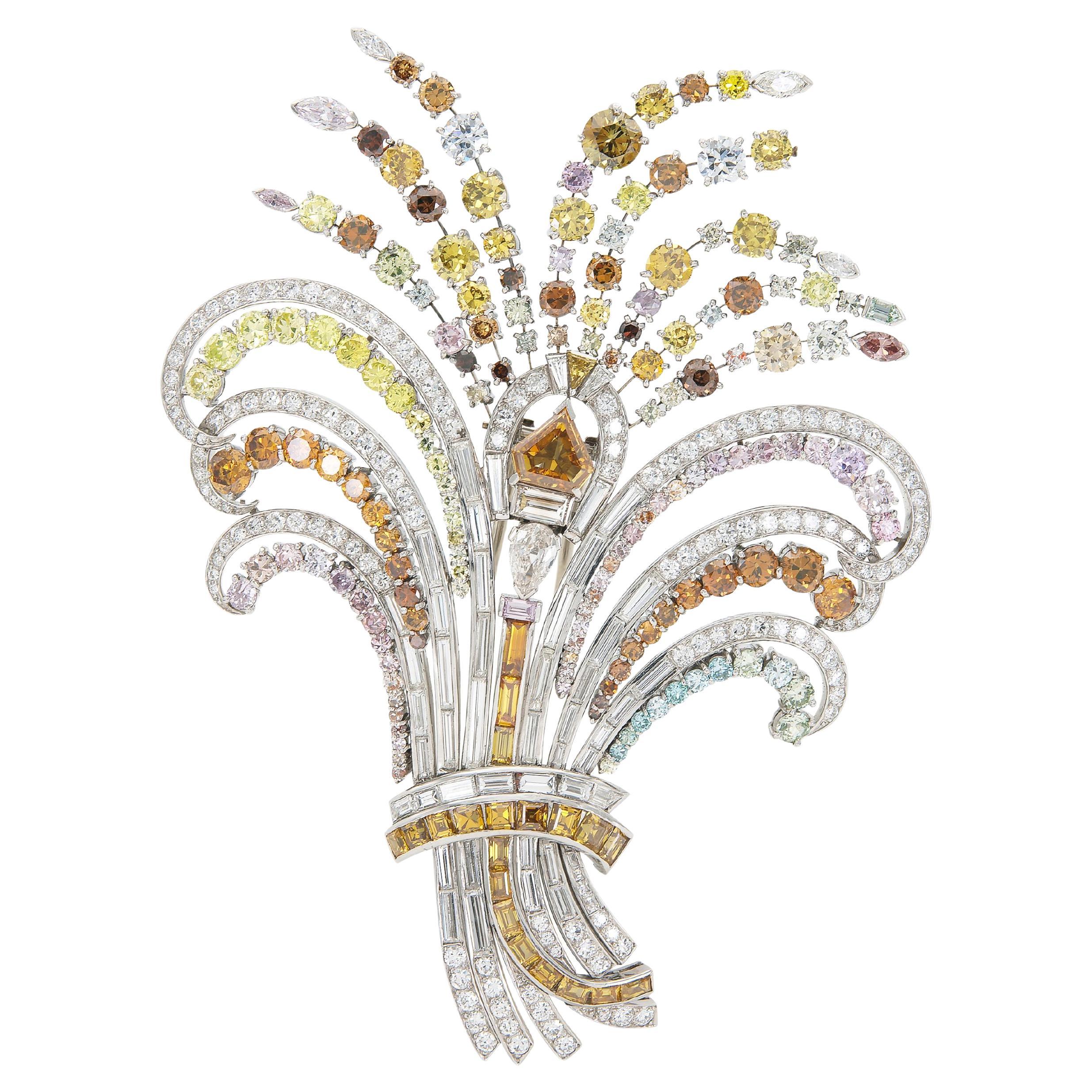 Vintage 1950s 22.00 Carat Colored and White Diamonds Brooch