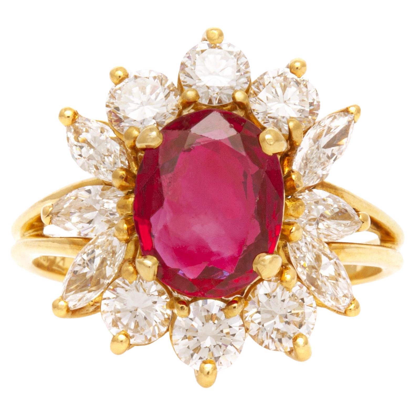 Vintage 1950s 2.28 Carat Oval Cut Burma Ruby and 2.00 Carat Diamonds Flower Ring