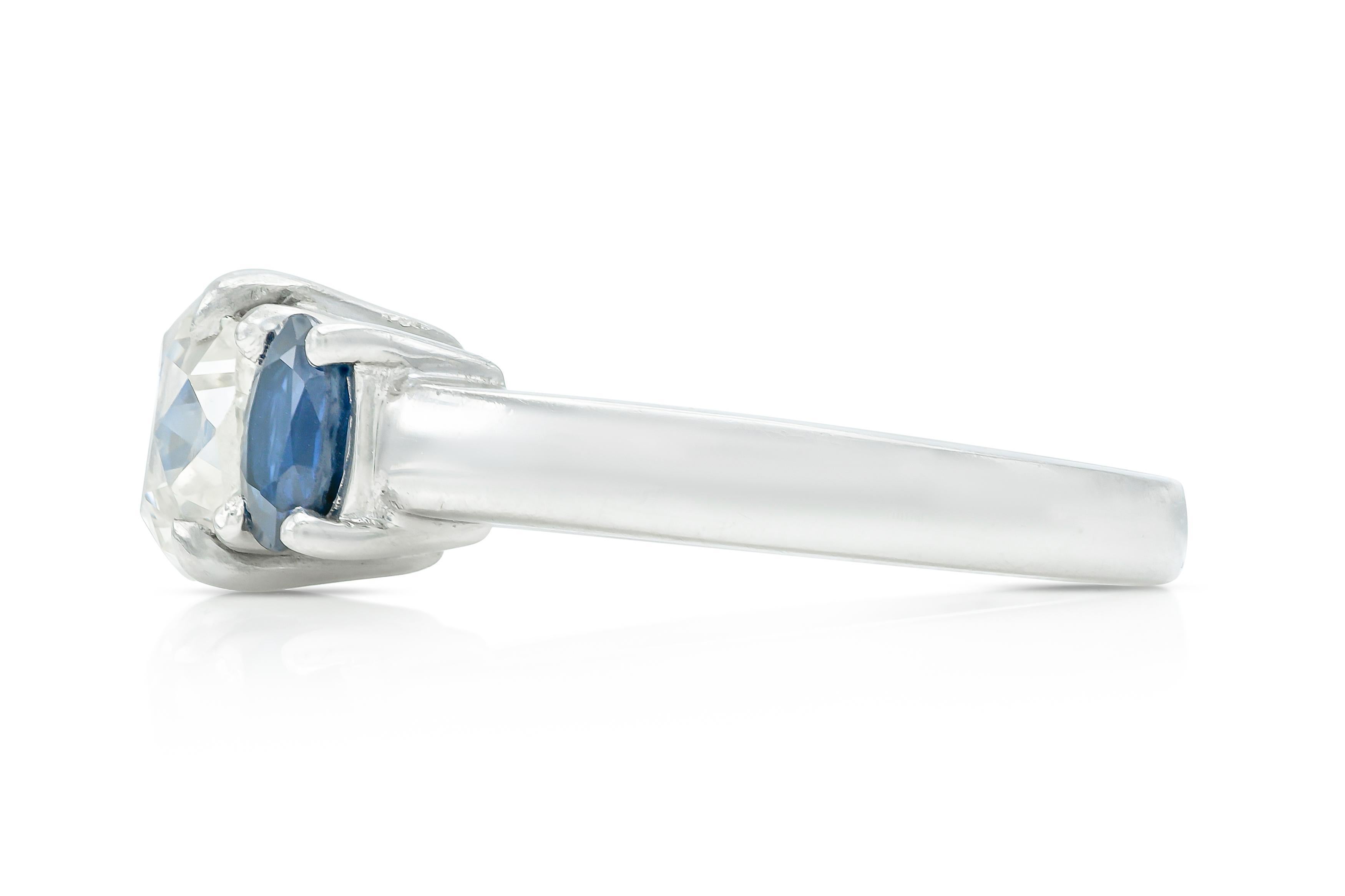Vintage 1950s 2.30 Carat Old Mine Cut Diamond Engagement Ring with Sapphires In Good Condition For Sale In New York, NY