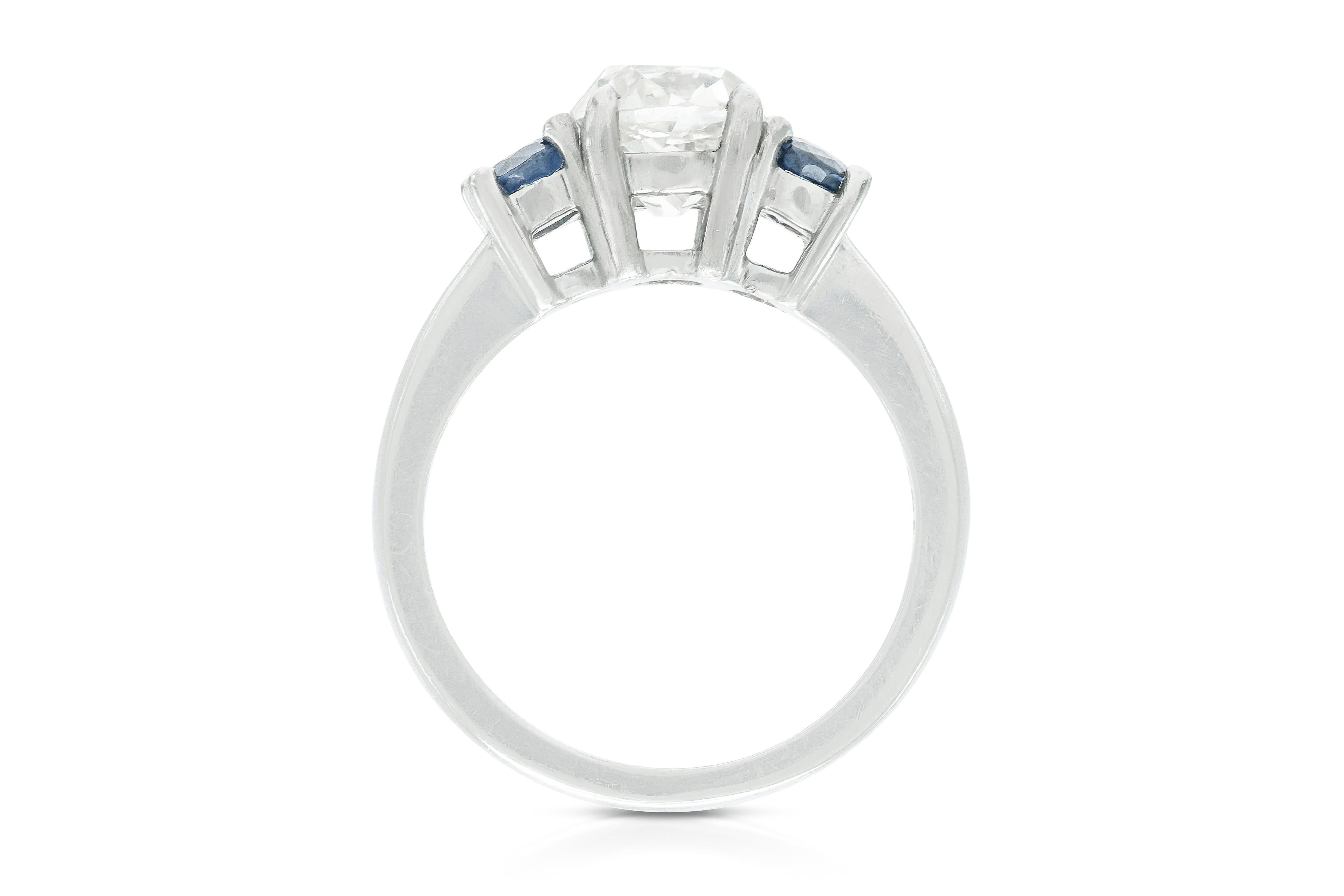 Women's Vintage 1950s 2.30 Carat Old Mine Cut Diamond Engagement Ring with Sapphires For Sale