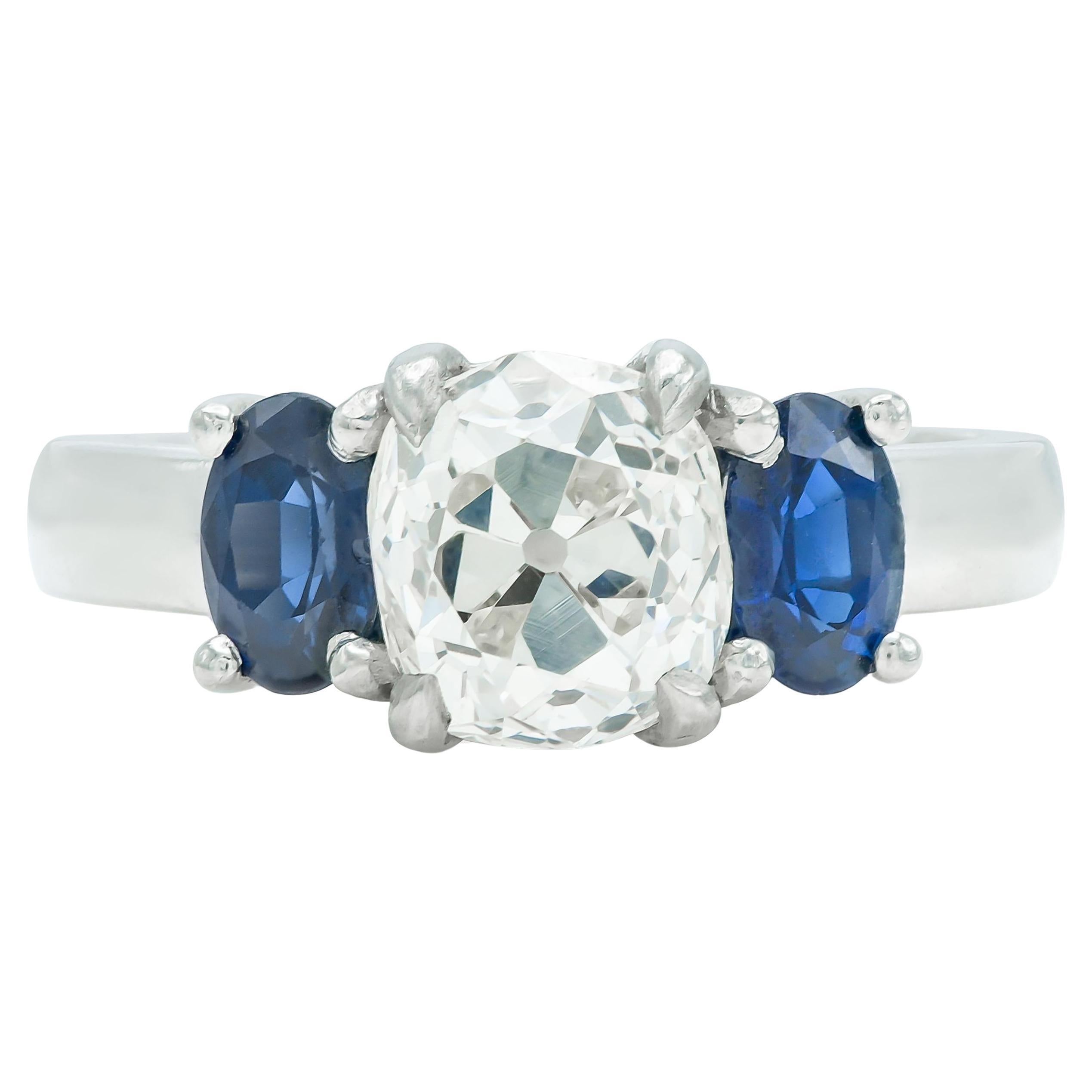 Vintage 1950s 2.30 Carat Old Mine Cut Diamond Engagement Ring with Sapphires For Sale