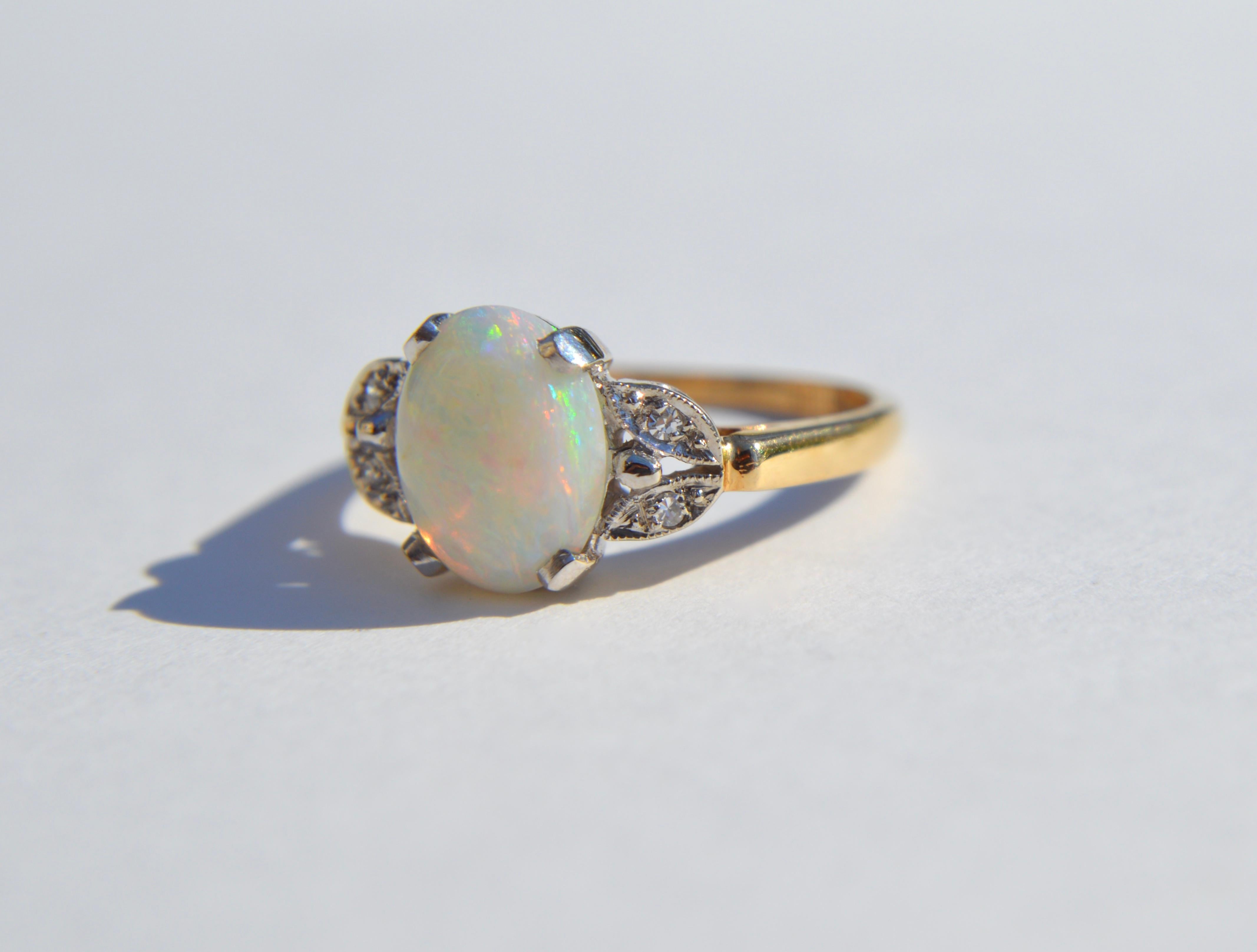 Modernist Vintage 1950s 2.54 Carat Opal Diamond 14 Karat Gold Floral Ring For Sale