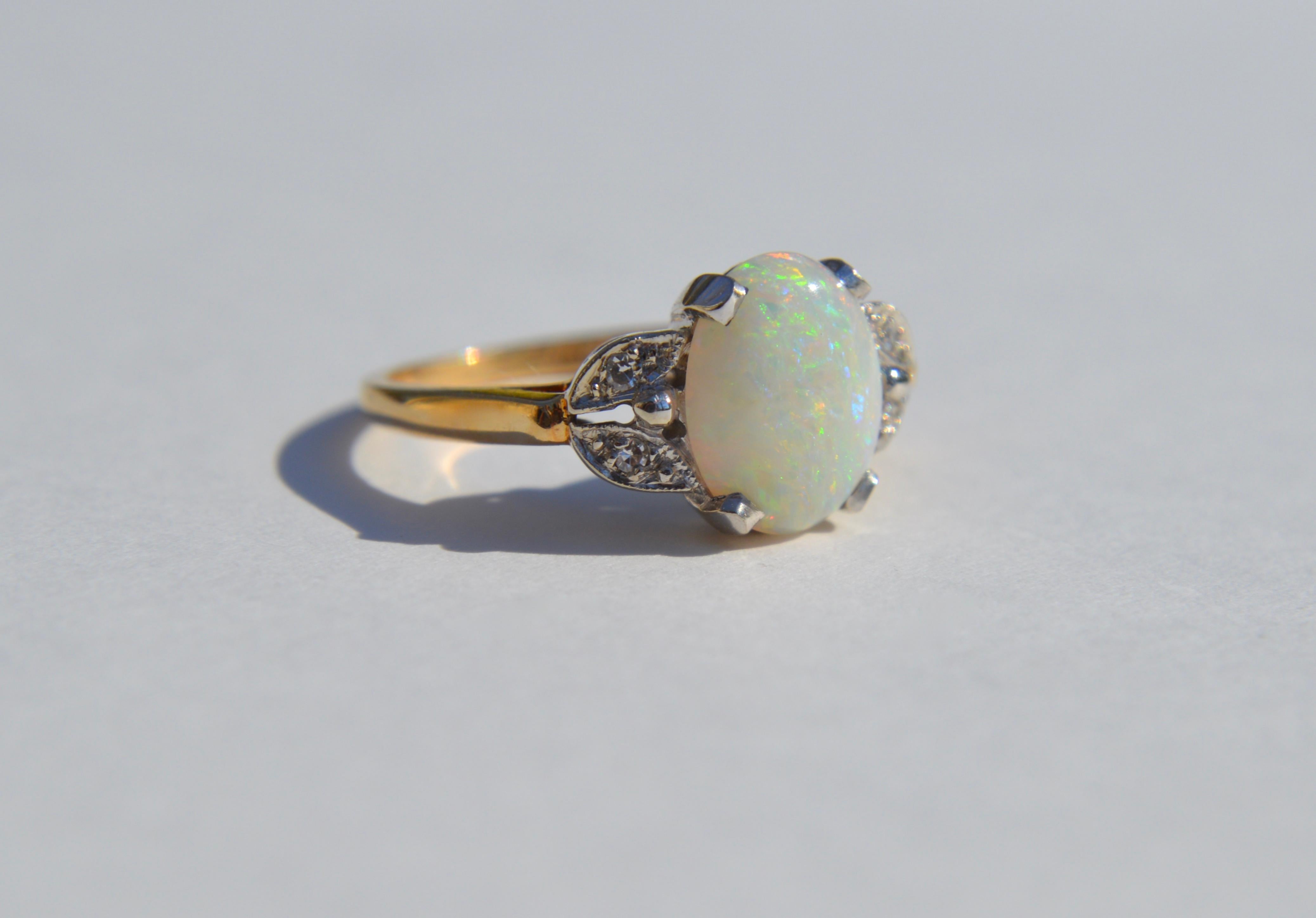 Oval Cut Vintage 1950s 2.54 Carat Opal Diamond 14 Karat Gold Floral Ring For Sale