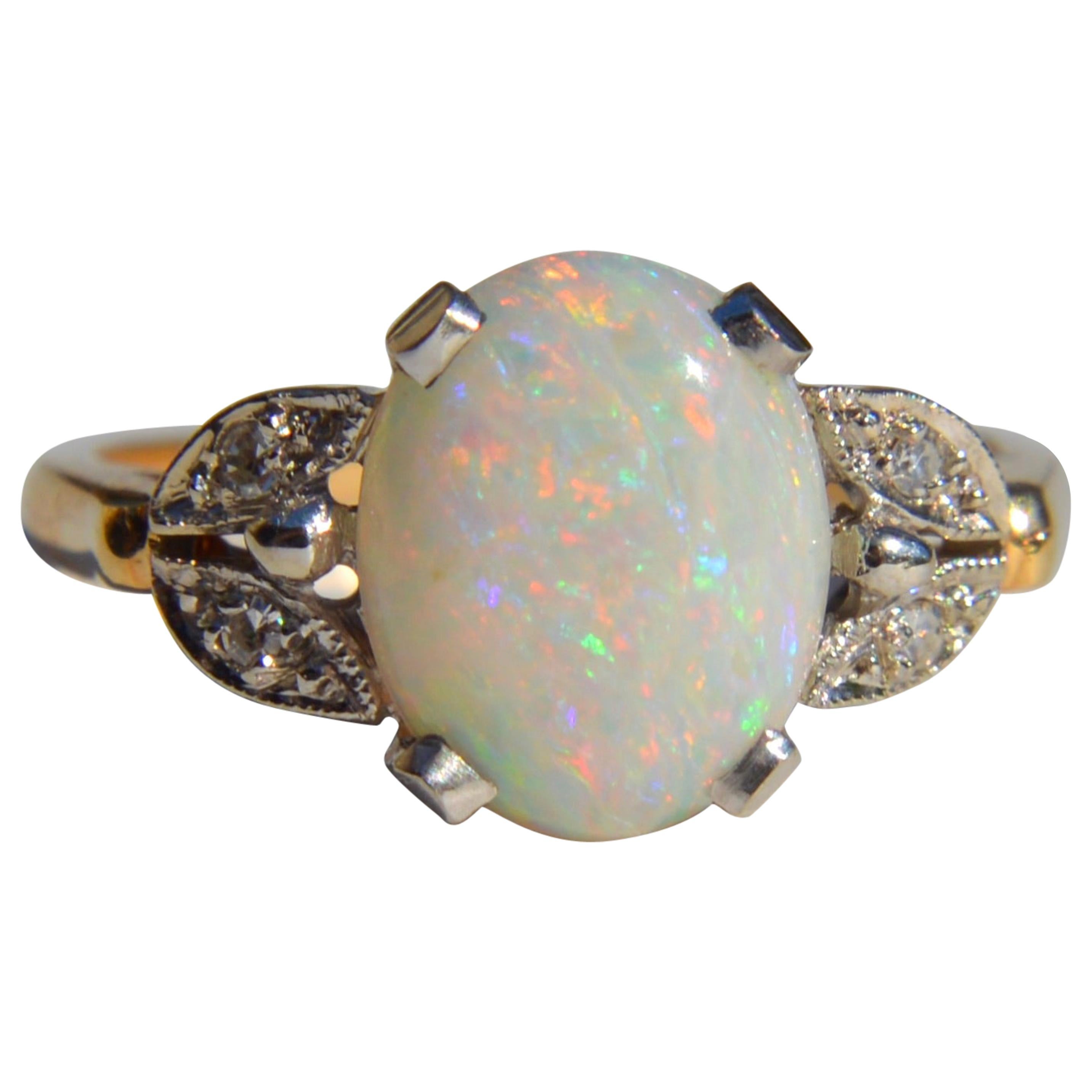 Vintage 1950s 2.54 Carat Opal Diamond 14 Karat Gold Floral Ring For Sale