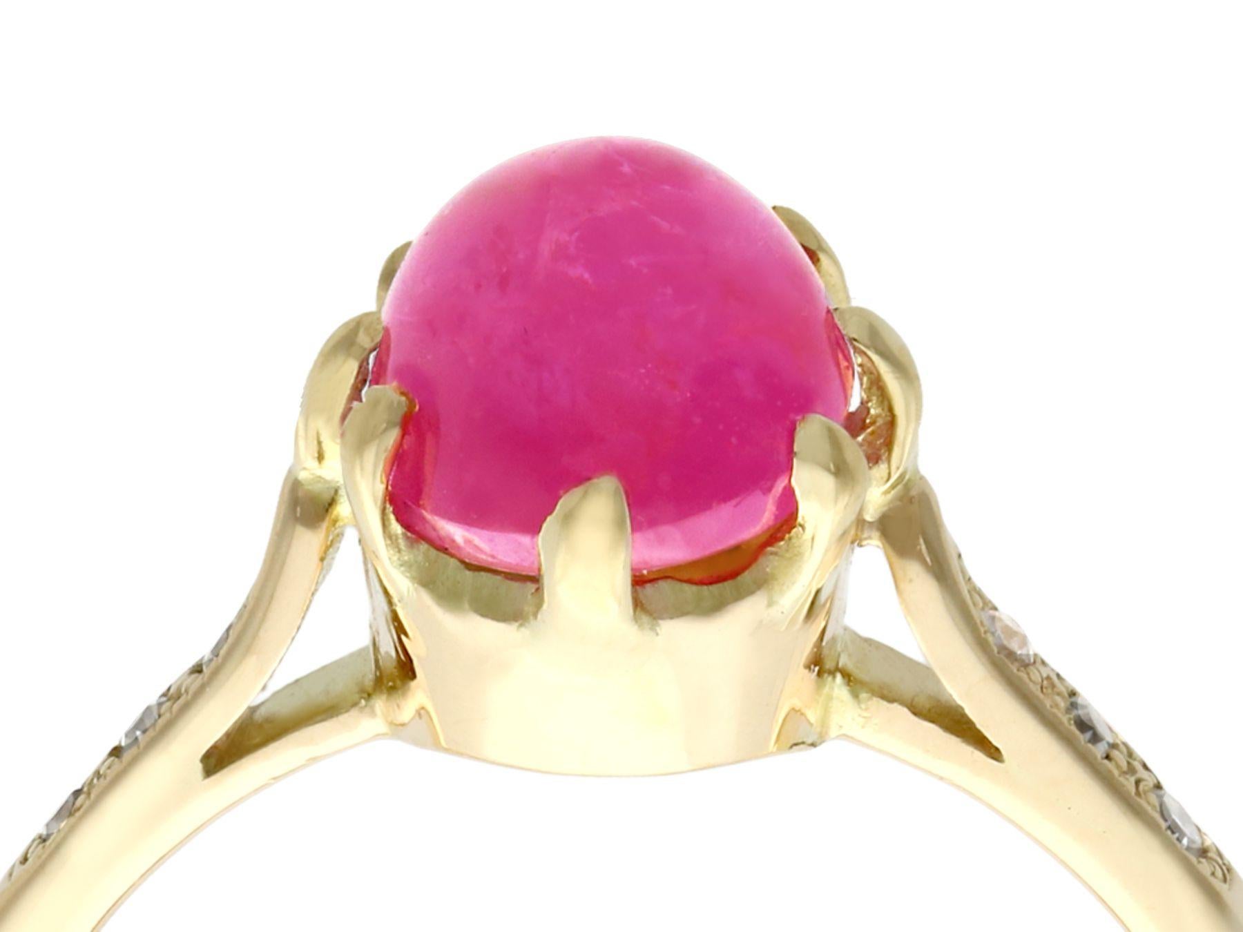 An impressive 2.68 carat pink star ruby and 0.08 carat diamond, 15 karat yellow gold solitaire style cocktail ring; part of our diverse gemstone jewelry collections.

This fine and impressive cabochon cut ruby ring has been crafted in 15k yellow