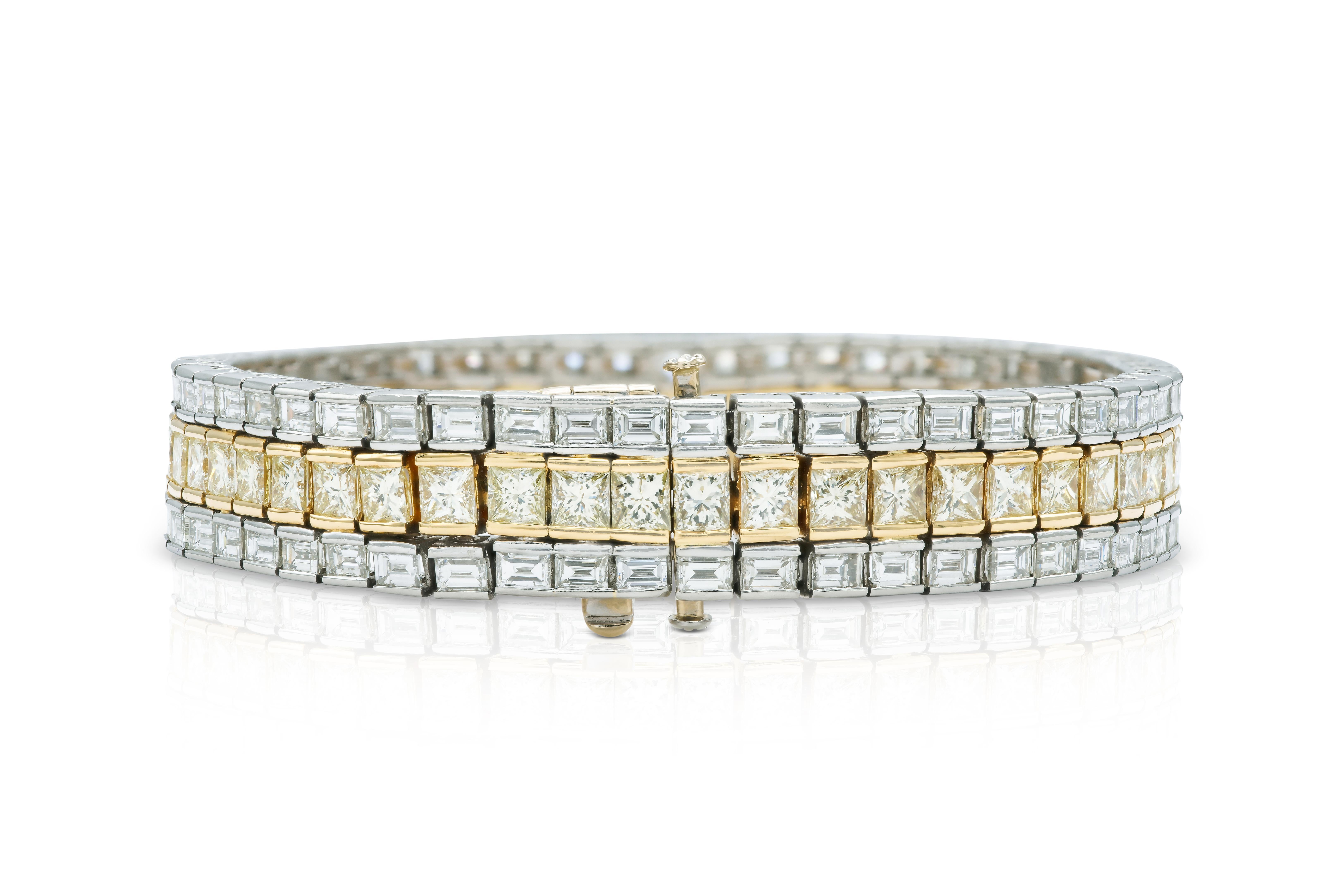 Princess Cut Vintage 1950s 3 Row 37.70 Carat Yellow and White Diamonds Bracelet For Sale