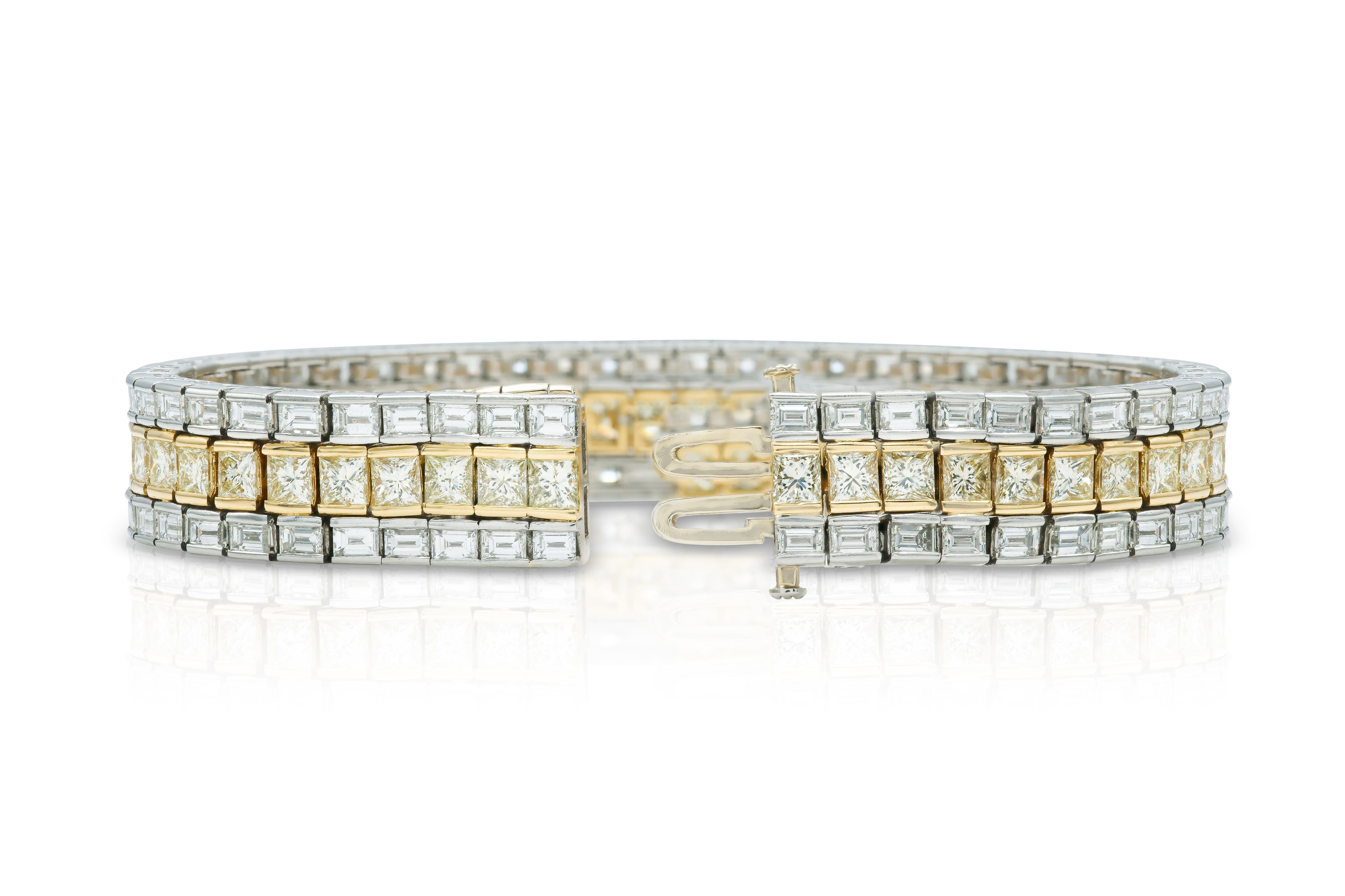 Vintage 1950s 3 Row 37.70 Carat Yellow and White Diamonds Bracelet In Good Condition For Sale In New York, NY