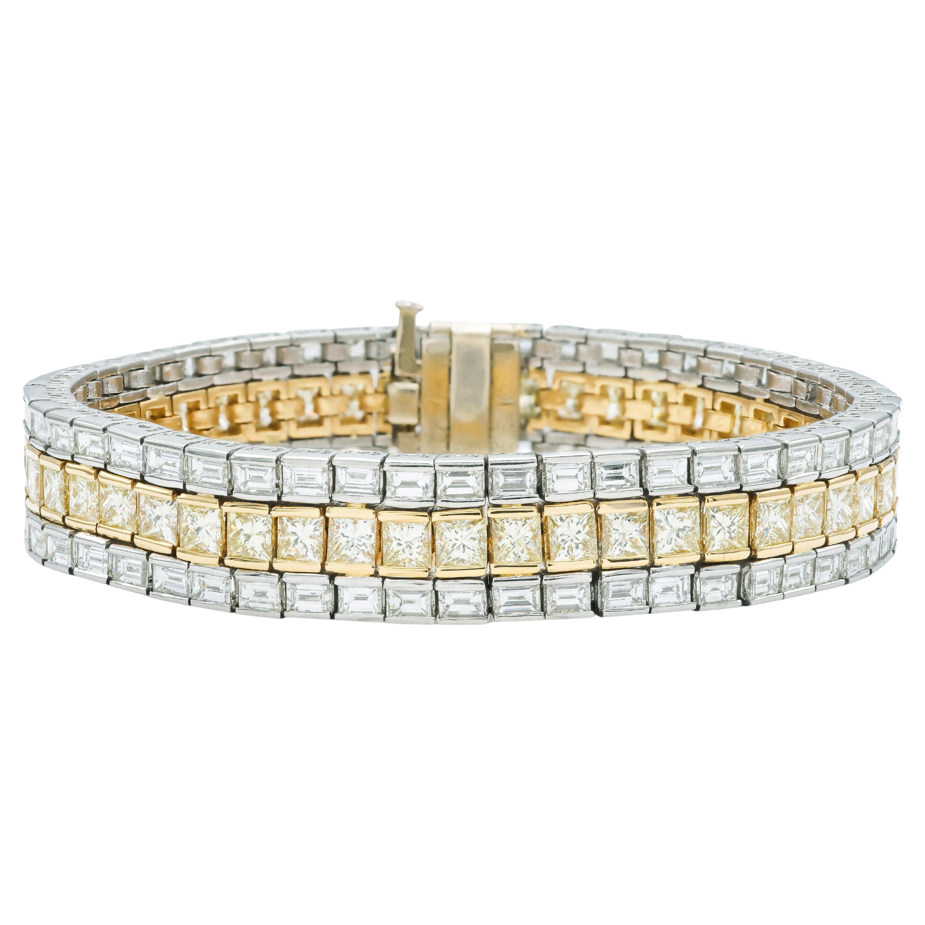 Vintage 1950s 3 Row 37.70 Carat Yellow and White Diamonds Bracelet For Sale