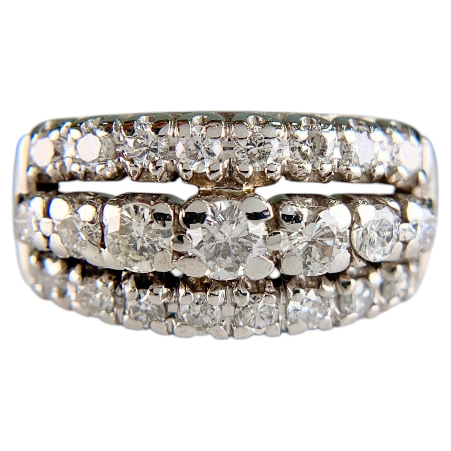 Vintage 1950's 3 Row Diamond Band Ring 14k White Gold