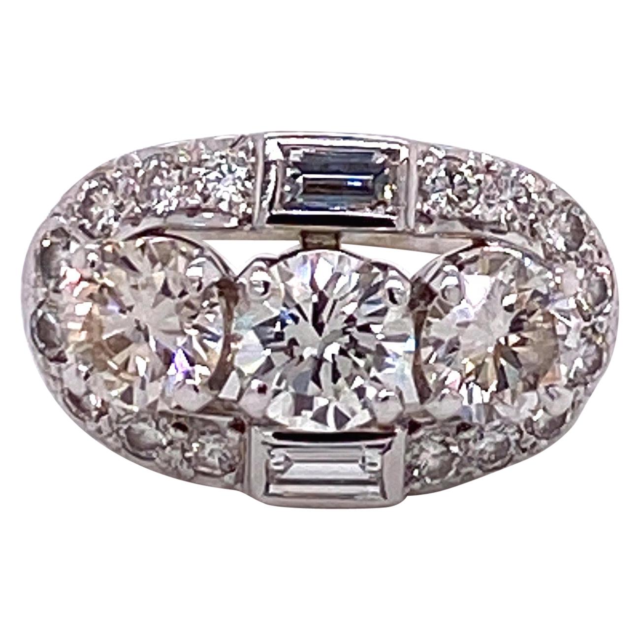 Vintage 1950s 3-Stone Diamond Ring 2.50 Carat