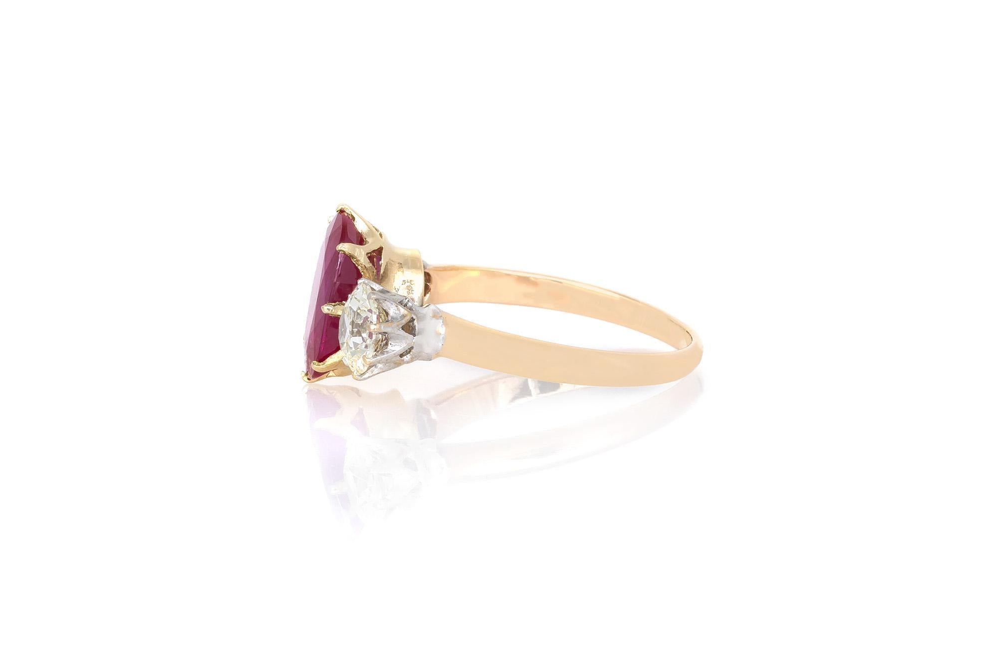 Vintage 1950s 3.00 Carat Oval Cut Ruby and 2.25 Carat Diamonds Ring In Good Condition For Sale In New York, NY