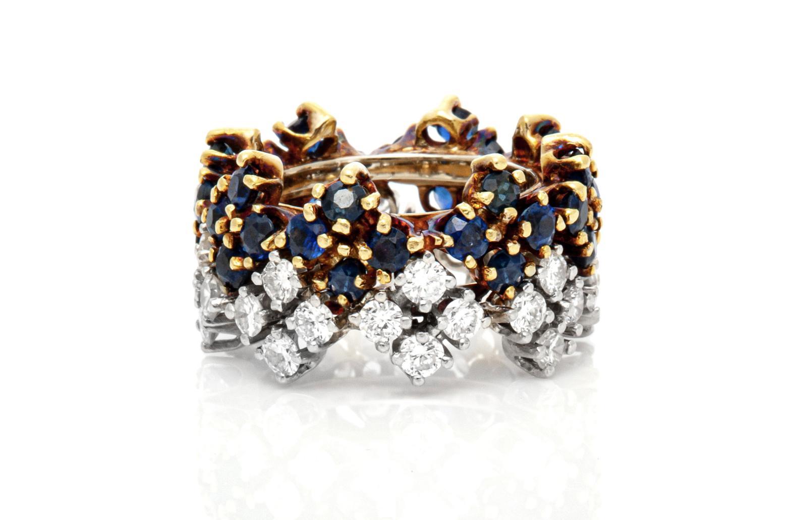 Fein gearbeitet in 18 Karat Gelbgold und Platin mit runden Saphiren im Brillantschliff mit einem Gesamtgewicht von ca. 3,00 Karat und runden Diamanten mit einem Gesamtgewicht von ca. 2,30 Karat.
Circa 1950er Jahre
Größe 5, größenverstellbar (mit