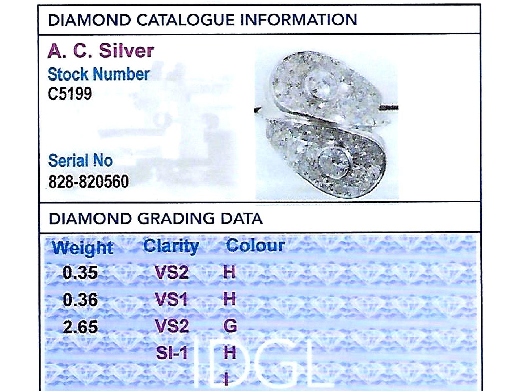 Vintage 1950s 3.36 Carat Diamond and Platinum Crossover Ring 1