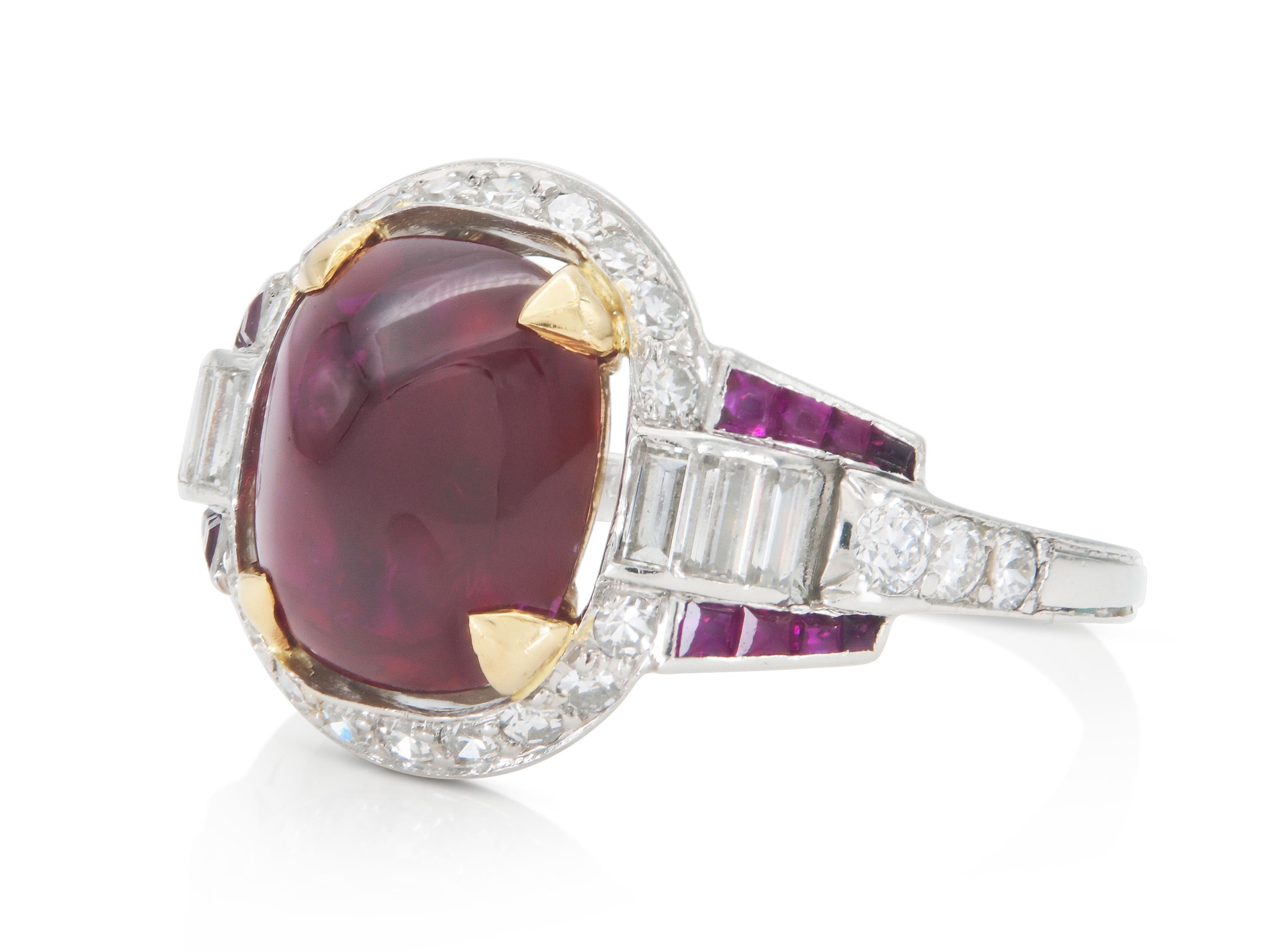 Finely crated in platinum and 18k yellow gold with an AGL certified Burma origin, non-heat treated Cabochon Ruby weighing approximately 3.50 carats.
The ring features Round Brilliant, Single, and Baguette cut Diamonds, as well as Rectangular cut