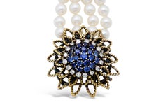 Vintage 1950s 4 Strand Pearl Bracelet with Sapphire Flower Clasp