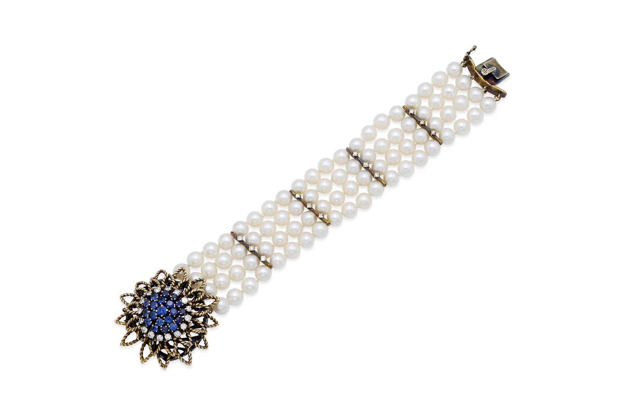 Pulsera vintage de perlas de 4 vueltas de los años 50 con cierre de flor de zafiro Corte redondo en venta